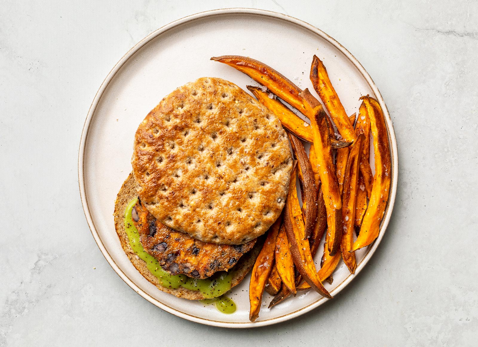 Creamy Avo Veggie Black Bean Burger Patties + Sweet Potato Fries