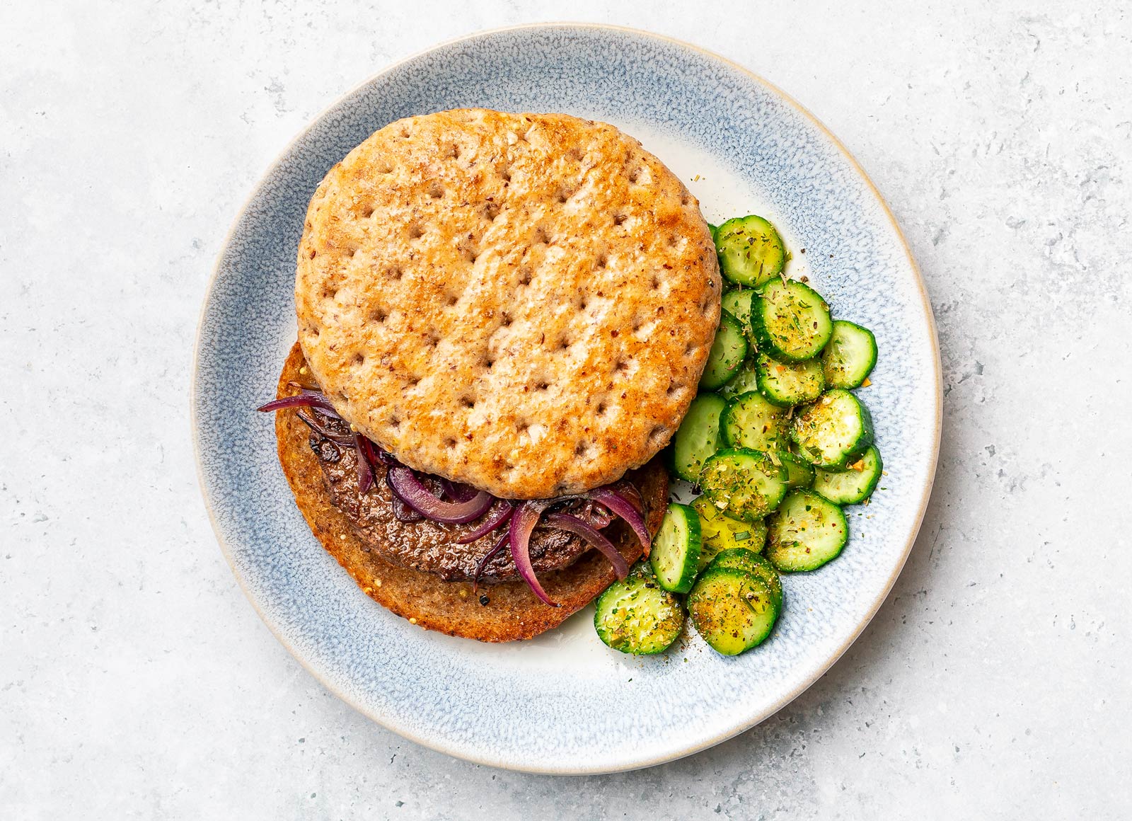 Balsamic Onion Burger + English Cucumber Salad