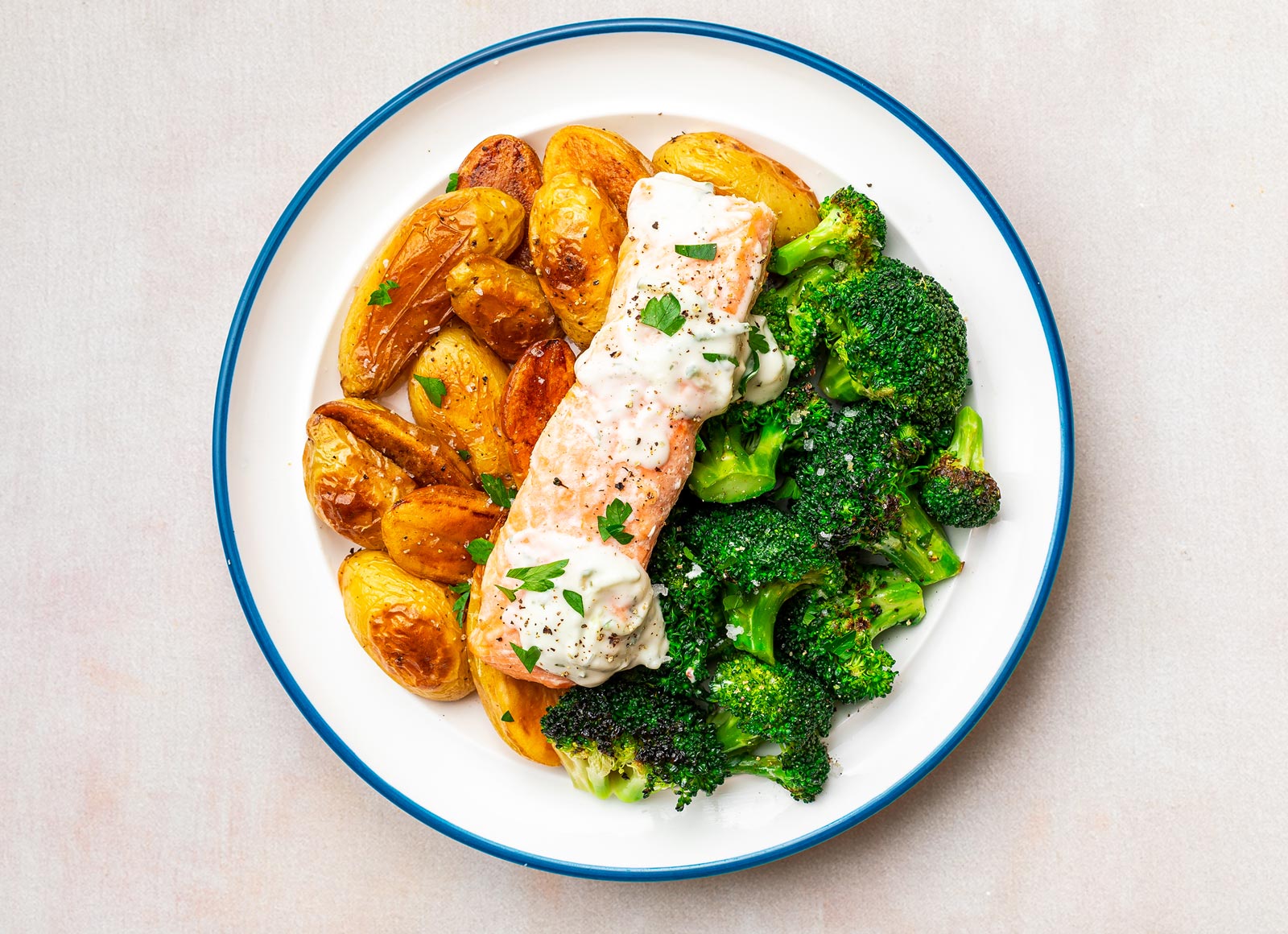 Sheet-Pan Salmon + Veggies with Tzatziki