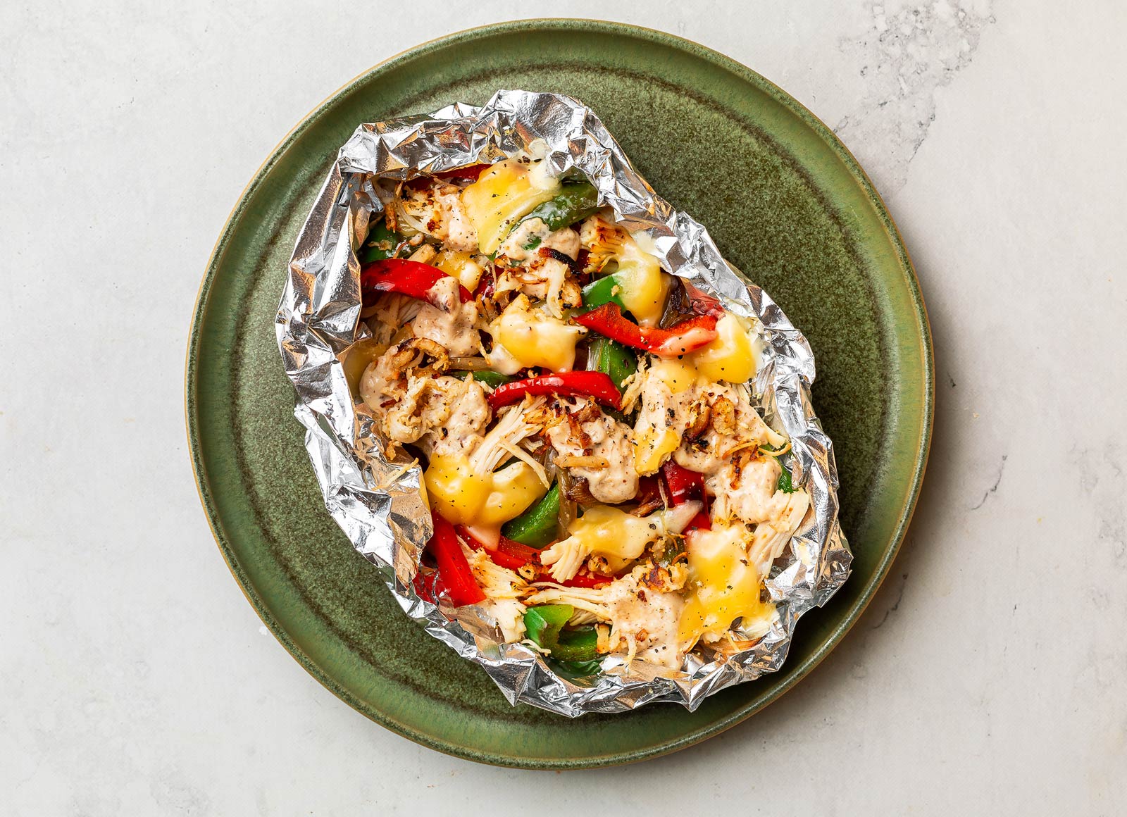 Cheesy Chicken with Peppers + Onions