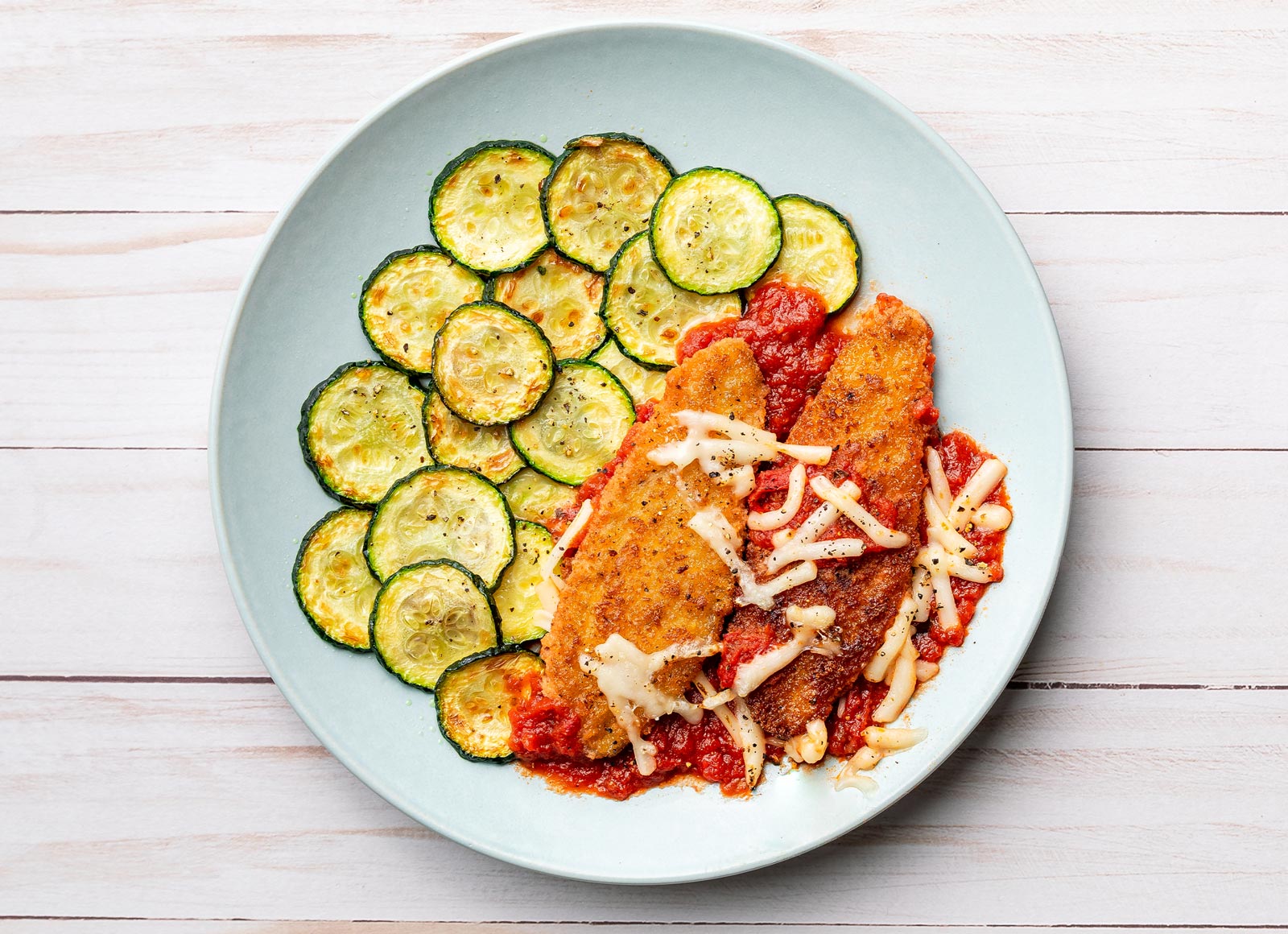 Plant-Based Chicken Parm Tenders with Zucchini