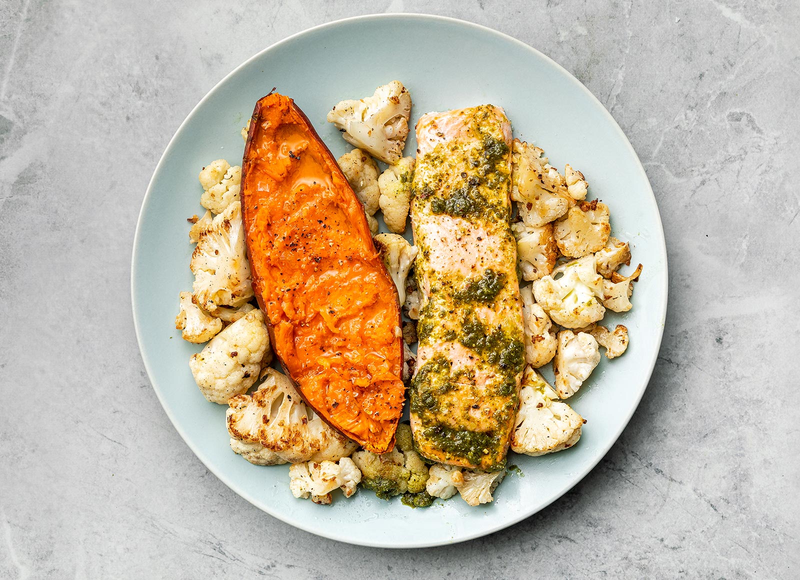 Oven Roasted Chimichurri Salmon + Cauliflower