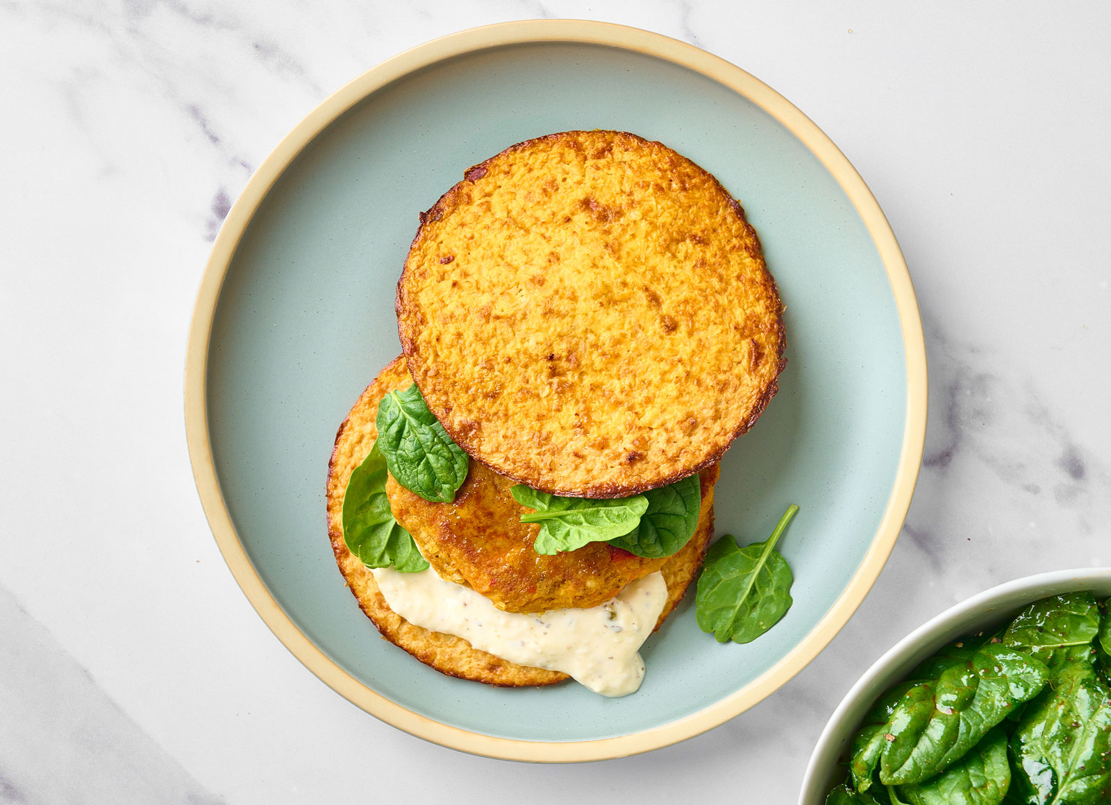 Low-Carb Garlic Sweet Potato Veggie Burger with Baby Spinach