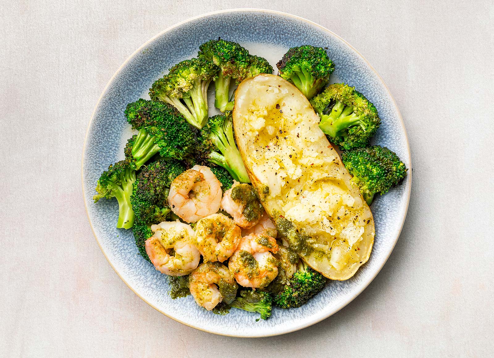 Chimichurri Gulf Shrimp with Broccoli Florets + Russet Microwave-Ready Potato