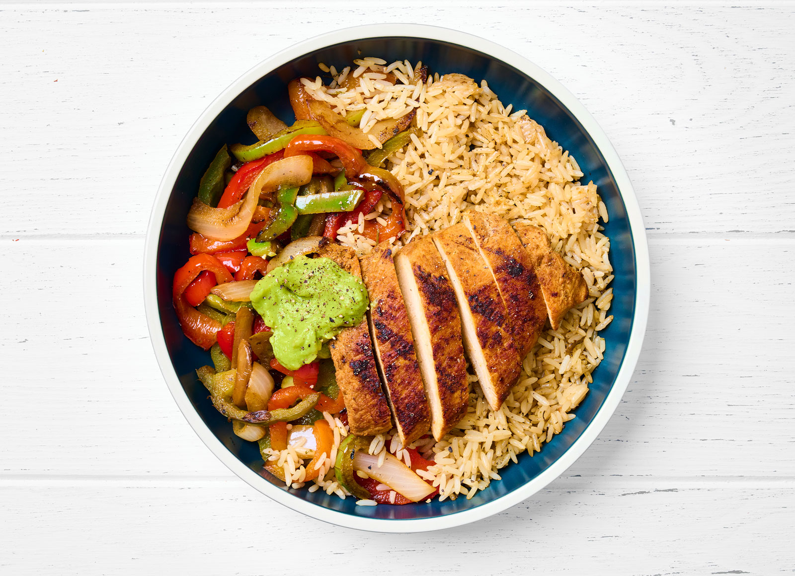Blackened Chicken Fajita Cilantro Lime Rice Bowl with Bell Pepper Onion Saute