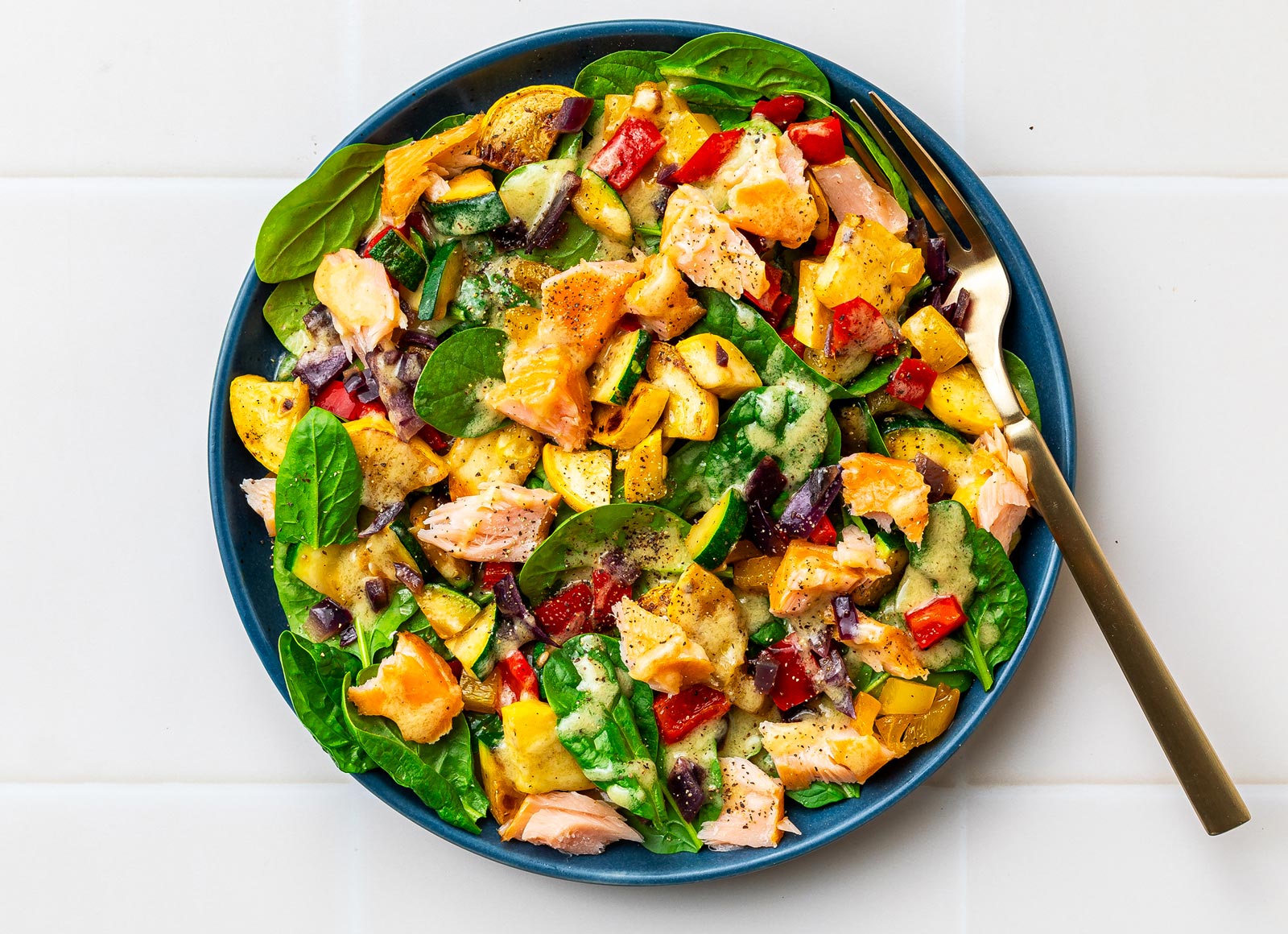 Summer Veggie + Salmon House Salad with Baby Spinach