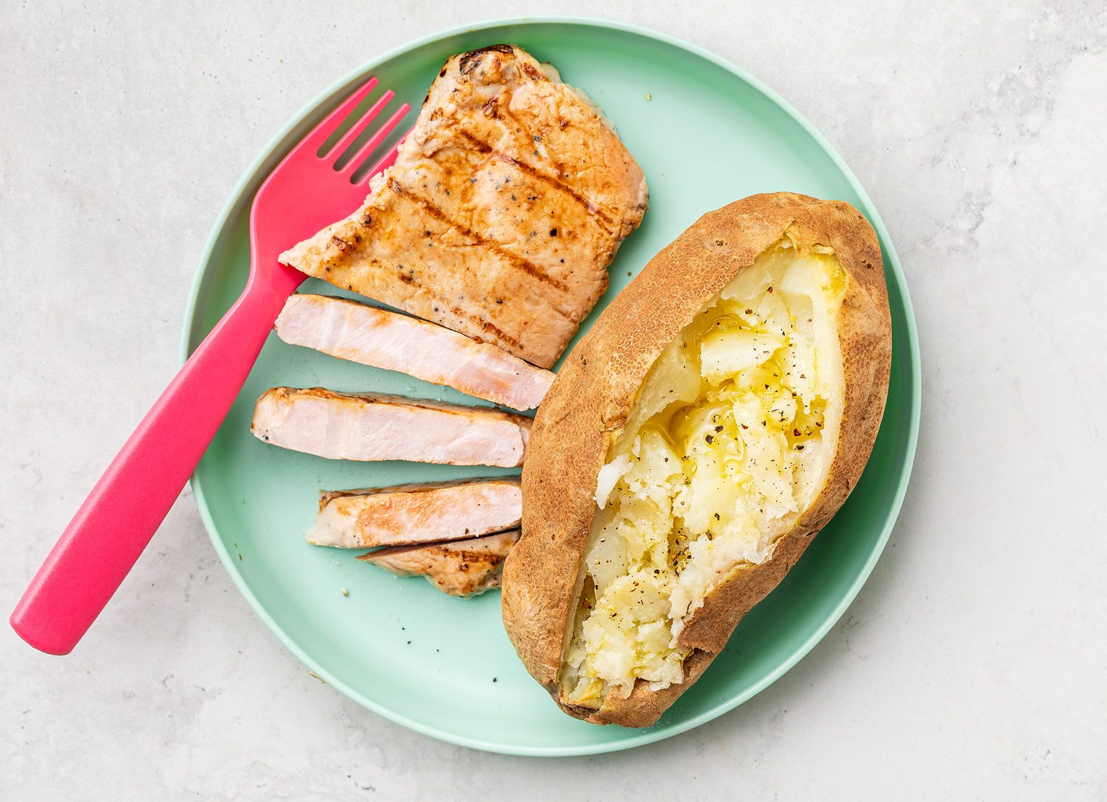Grilled Pork Chop + Baked Microwave-Ready Russet Potato