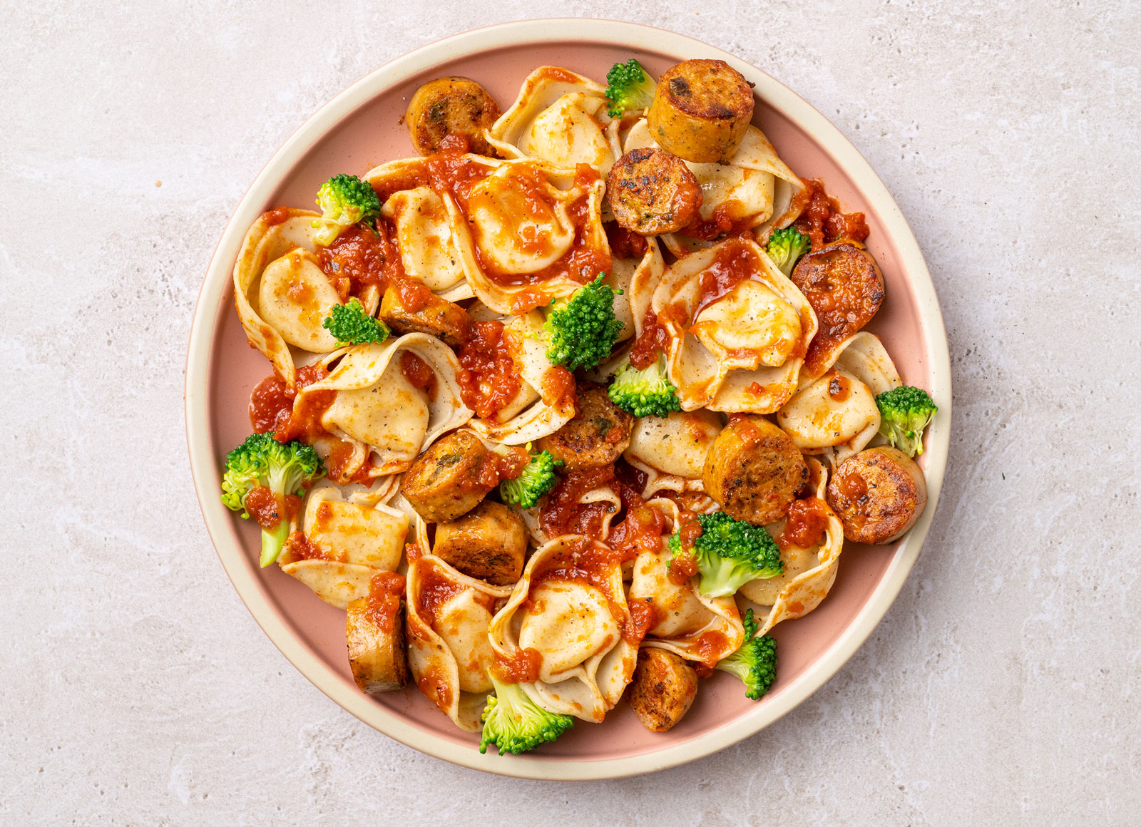 Tomato-Sauce Tortelloni with Sweet Italian Chicken Sausage