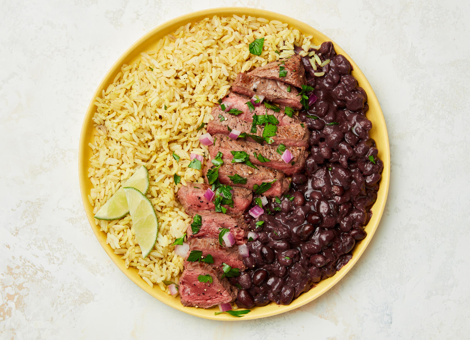 Beef Sirloin Steak with Salsa Verde + Cuban Spiced Black Beans