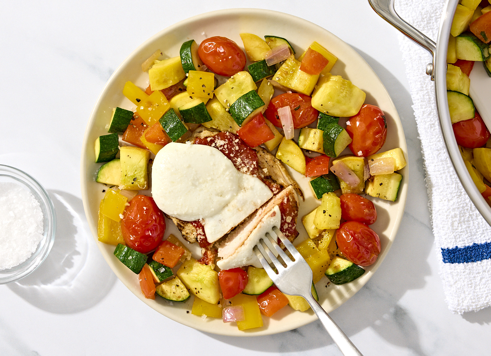 One-Pan Chicken Parm on Veggies with Mozzarella Ball