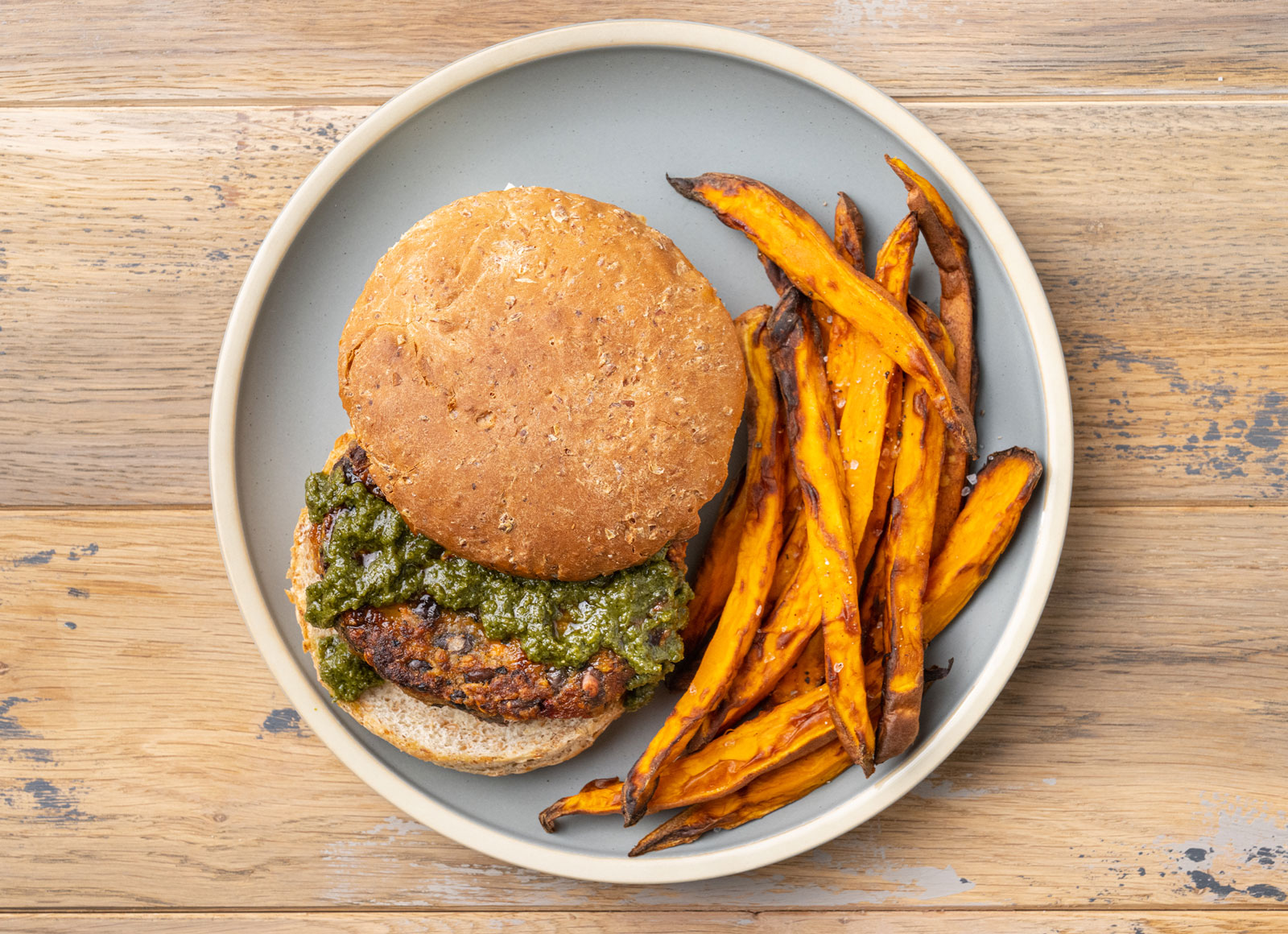 Chimichurri Veggie Black Bean Burger Patties + Sweet Potato Fries