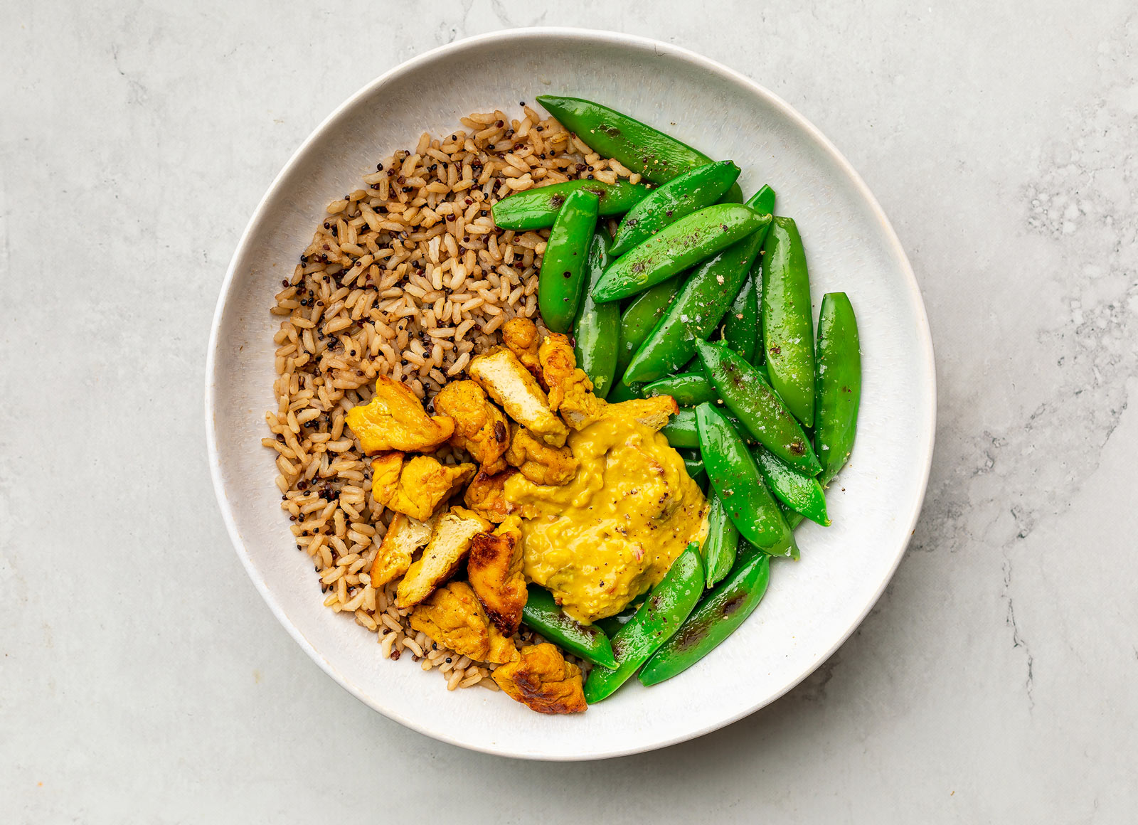 Curry Tofu + Pea Snaps Brown Rice Bowl