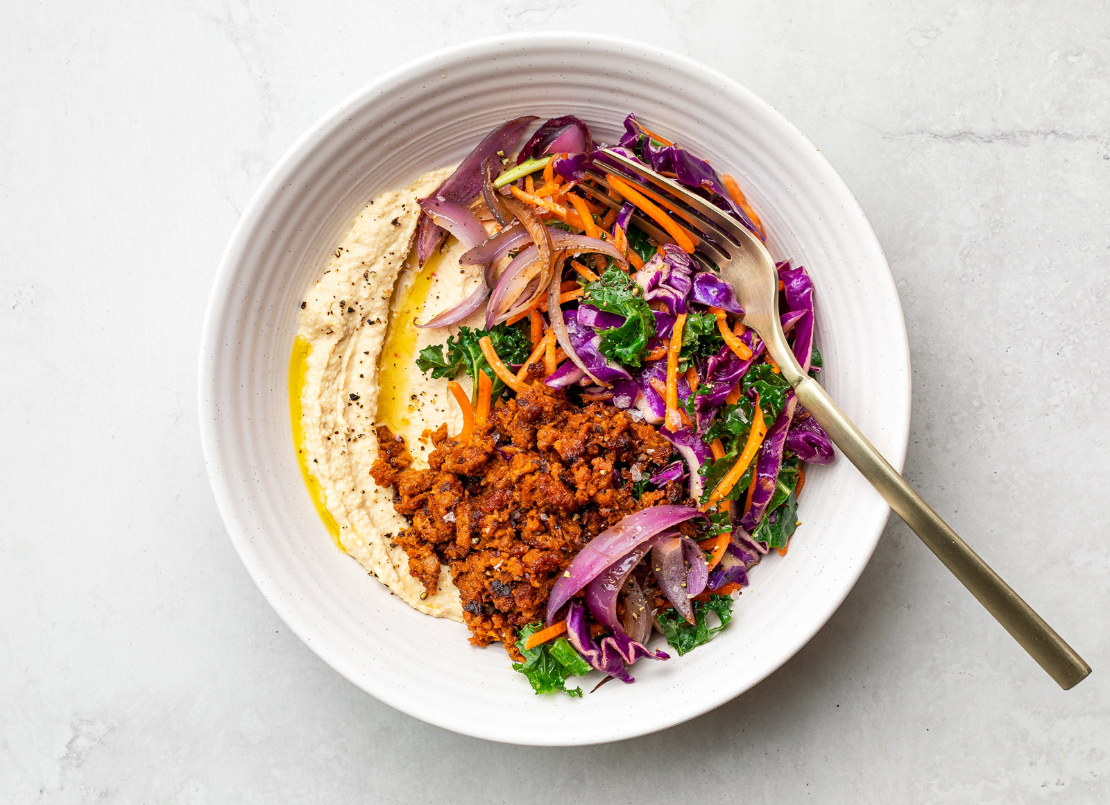Colorful "Chorizo" + Veggie Hummus Bowl