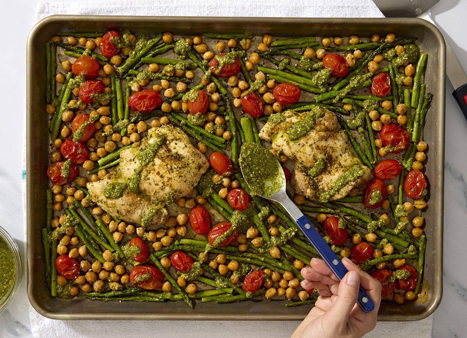 Sheet Pan Garlicky Chicken + Chickpeas with Pesto