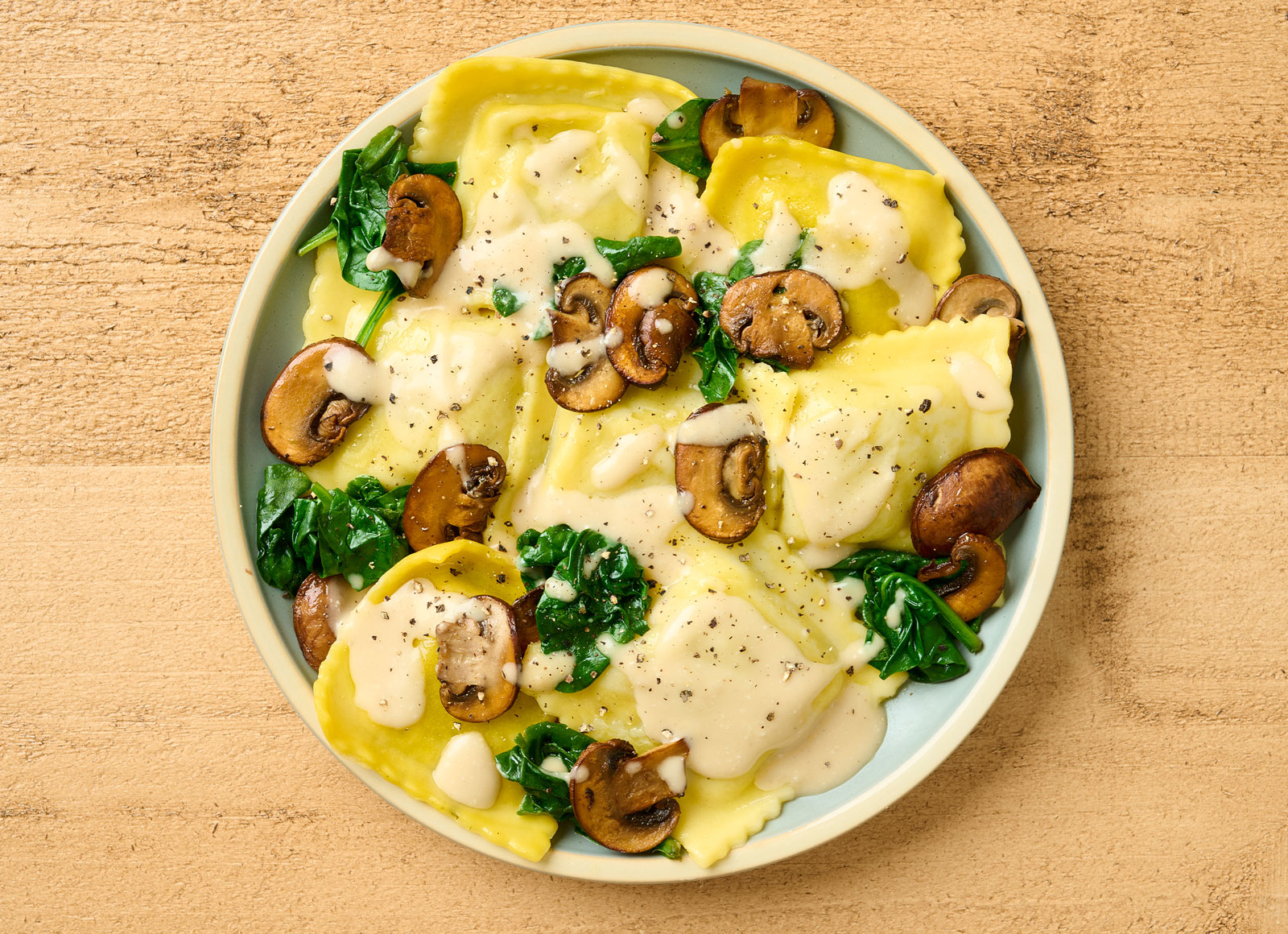 Creamy Spinach + Mushroom Ricotta Ravioli