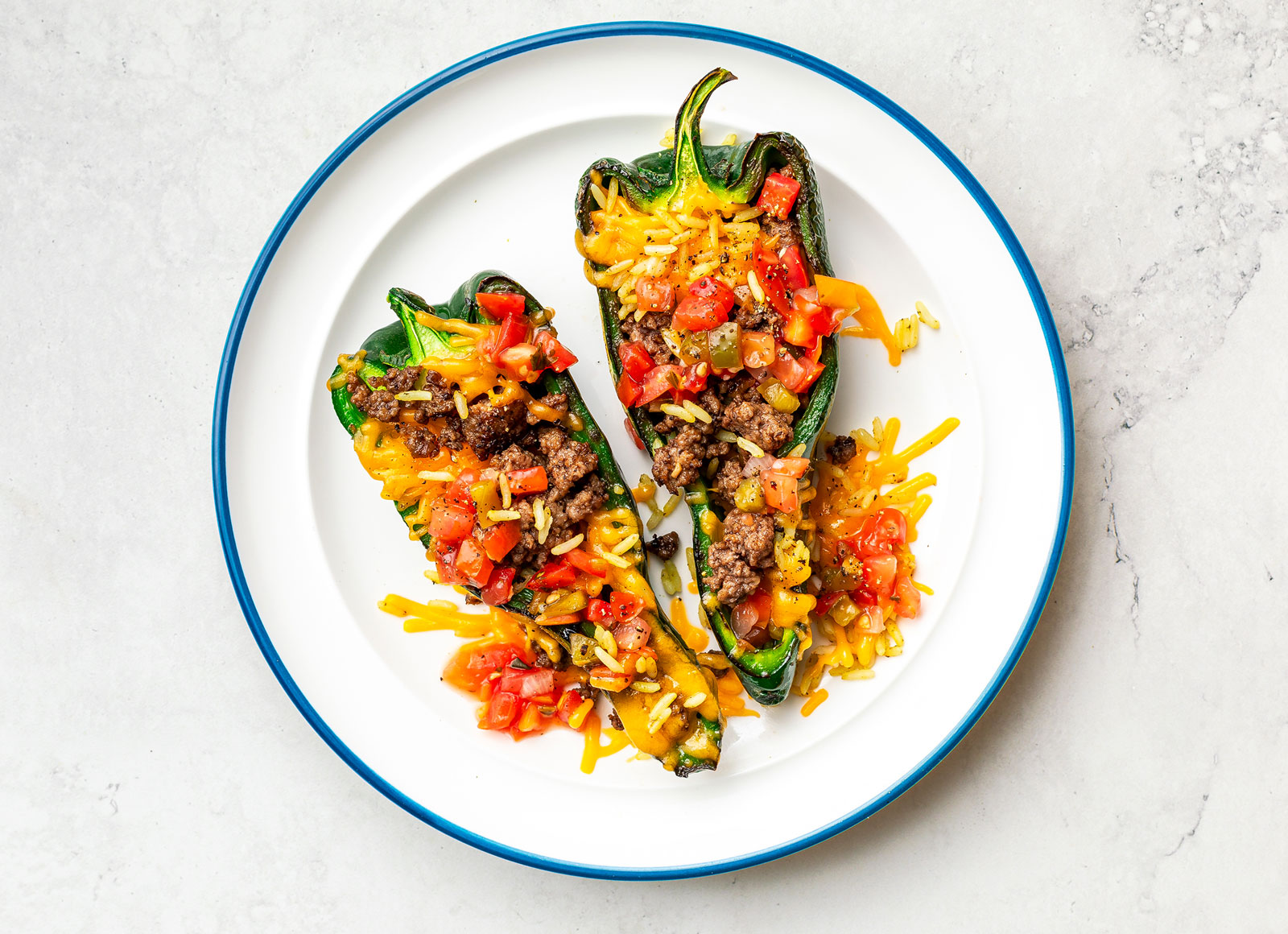 Cheesy Ground Beef Patties Stuffed Poblano Peppers