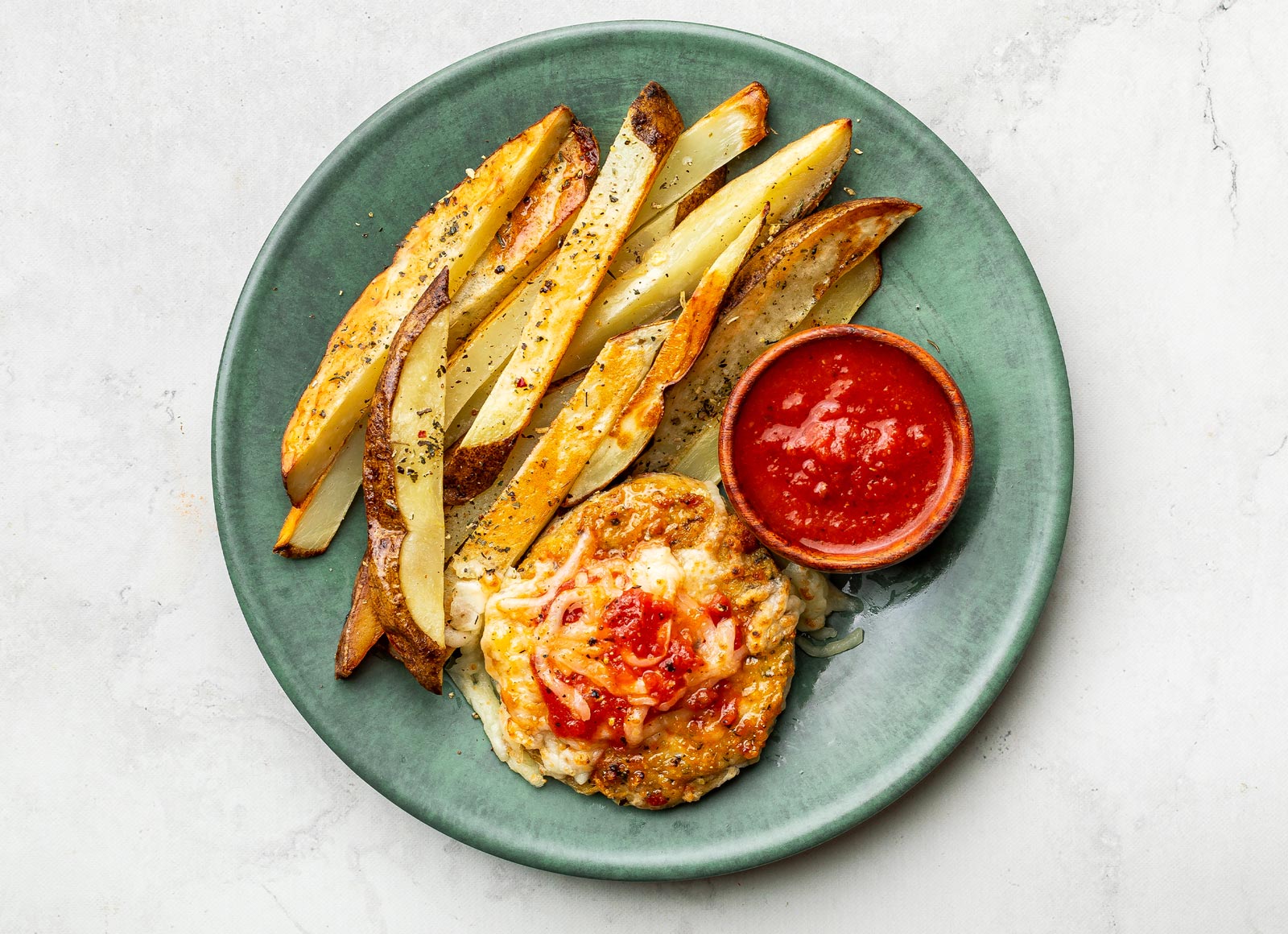 Chicken Parm Burger + Pizza Fries with Shredded Mozzarella Cheese
