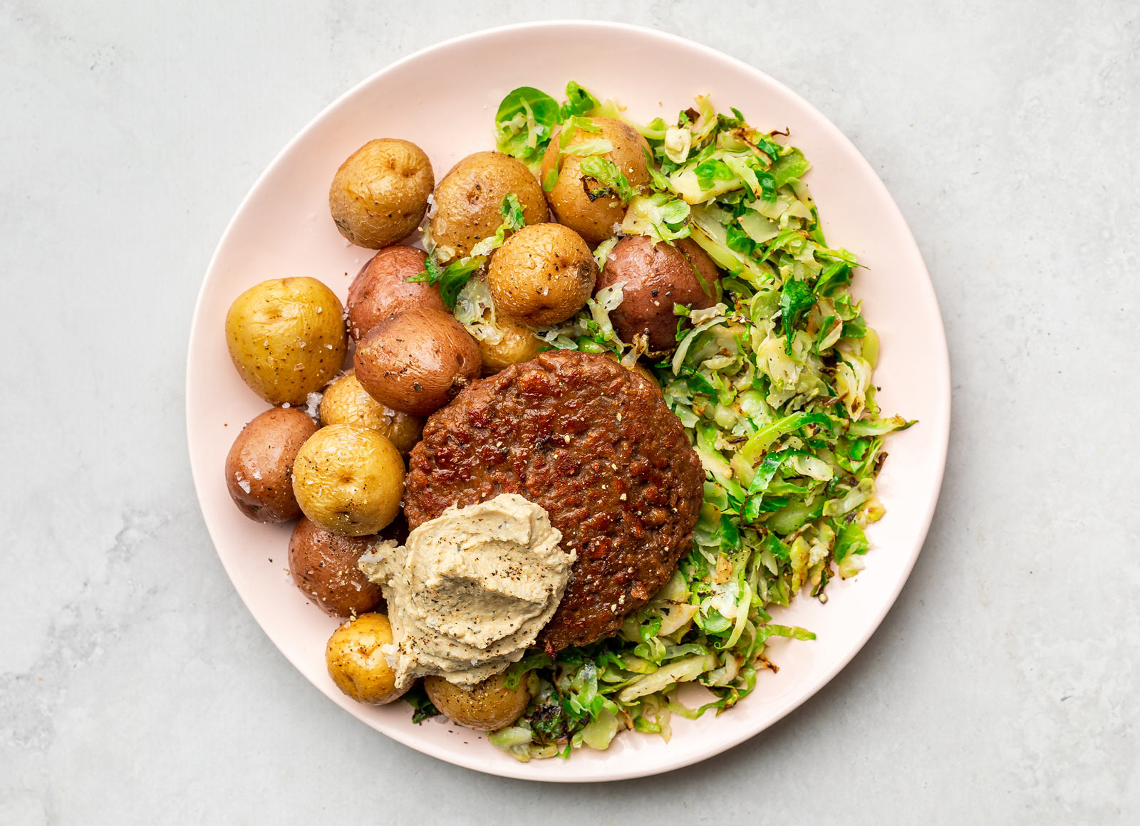 Beyond Burger with Crispy Brussels + Hummus