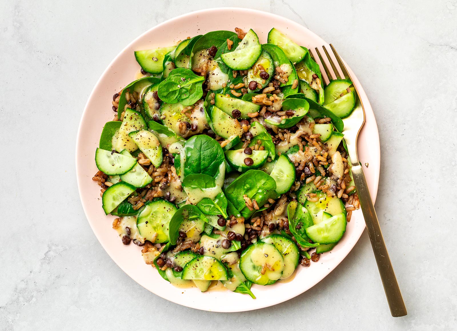 Lentil + Crunchy Cucumber Spinach Salad