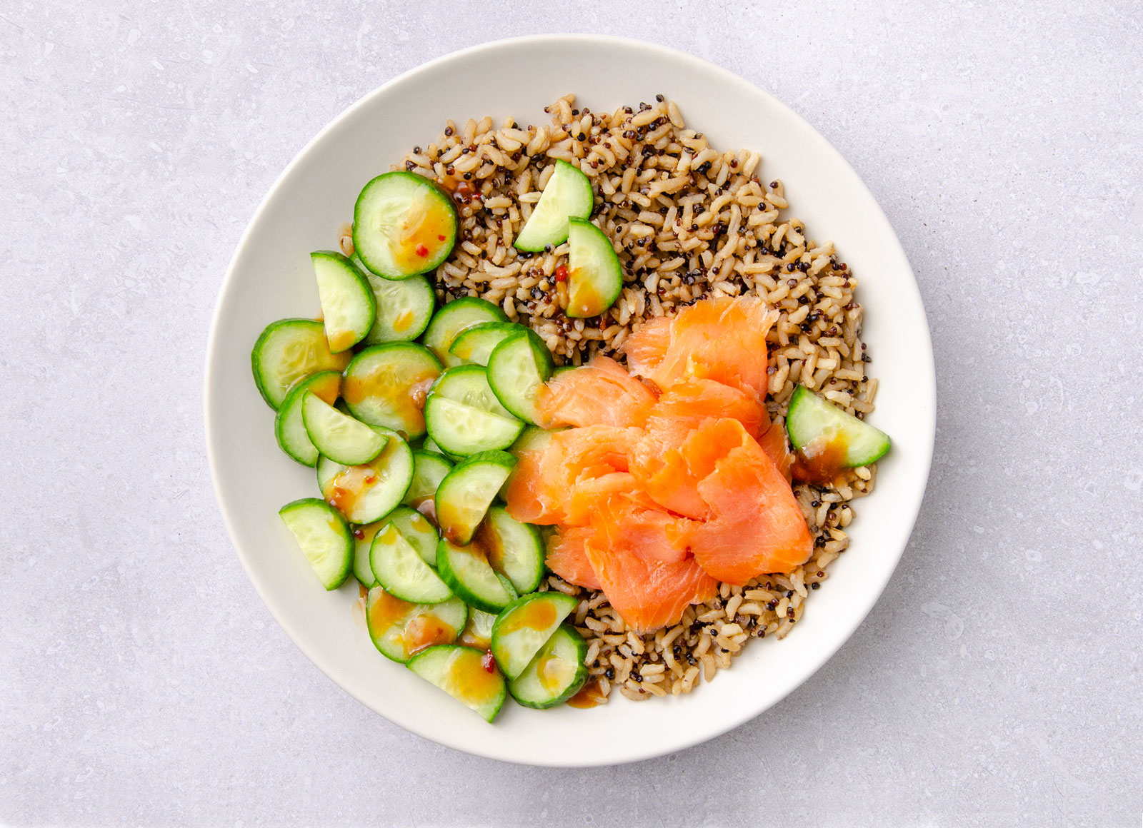 Gingery Salmon + Cucumber Brown Rice Quinoa Blend Bowl