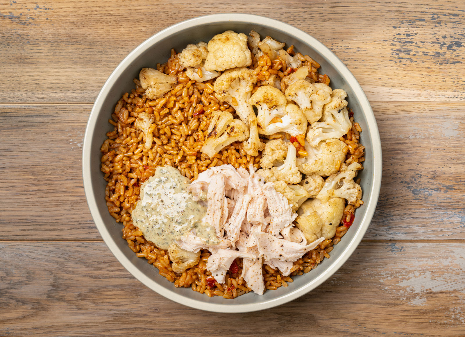 Creamy Cauliflower + Chicken Rice Bowl