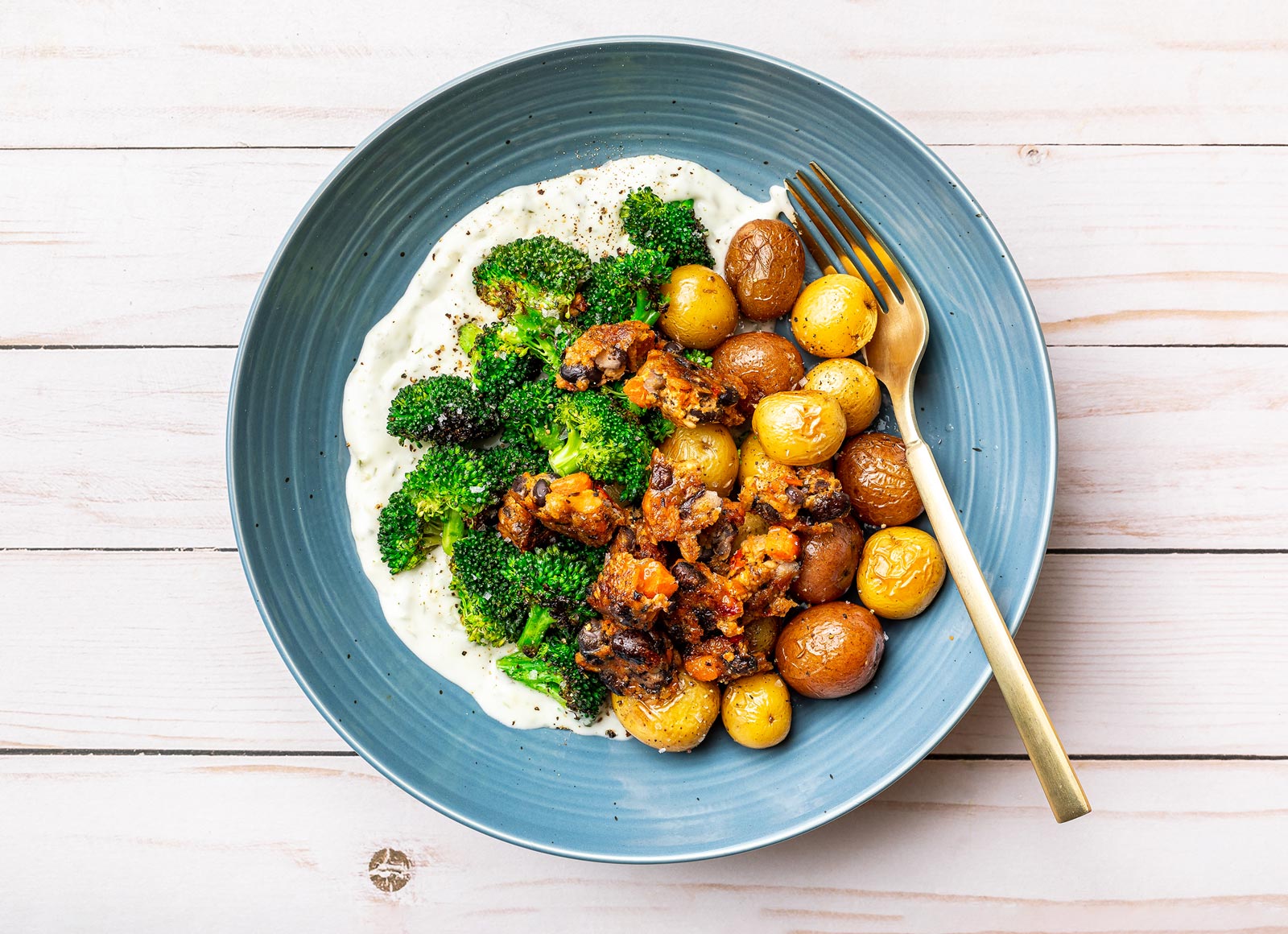 Tzatziki Black Bean Burger Bowl with Broccoli Florets