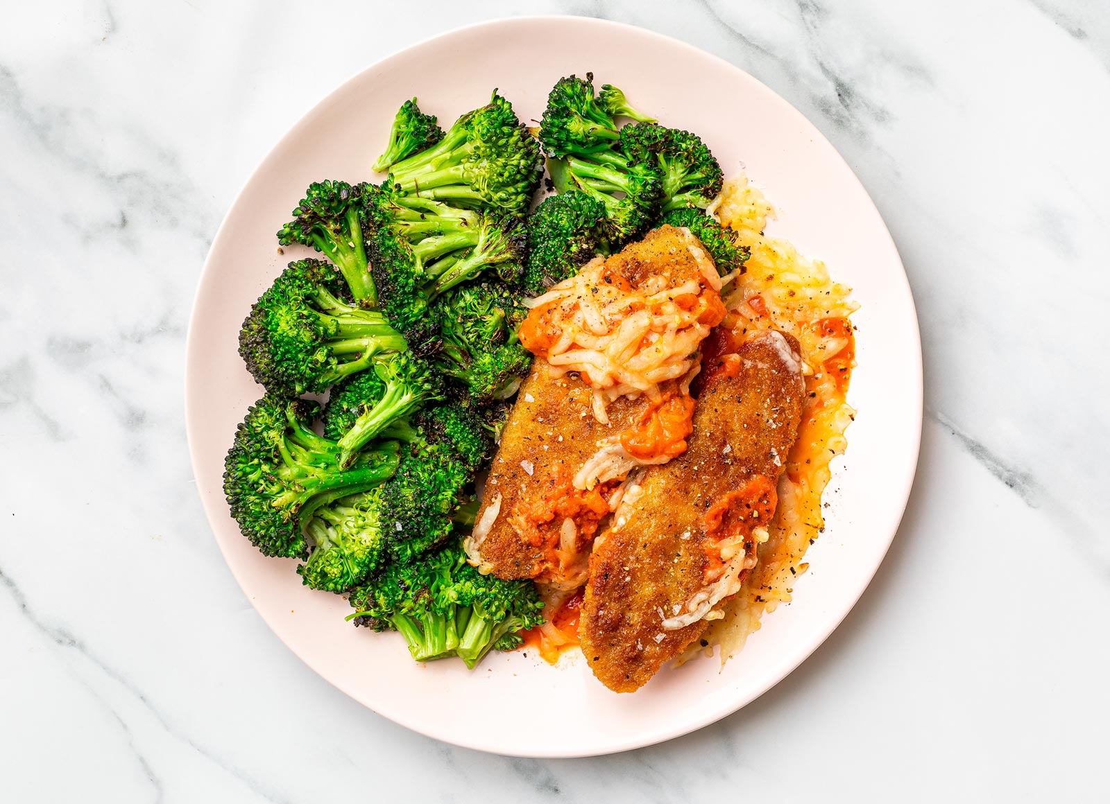 Cheesy Vodka Chick'n Tenders + Broccoli with Shredded Mozzarella Cheese