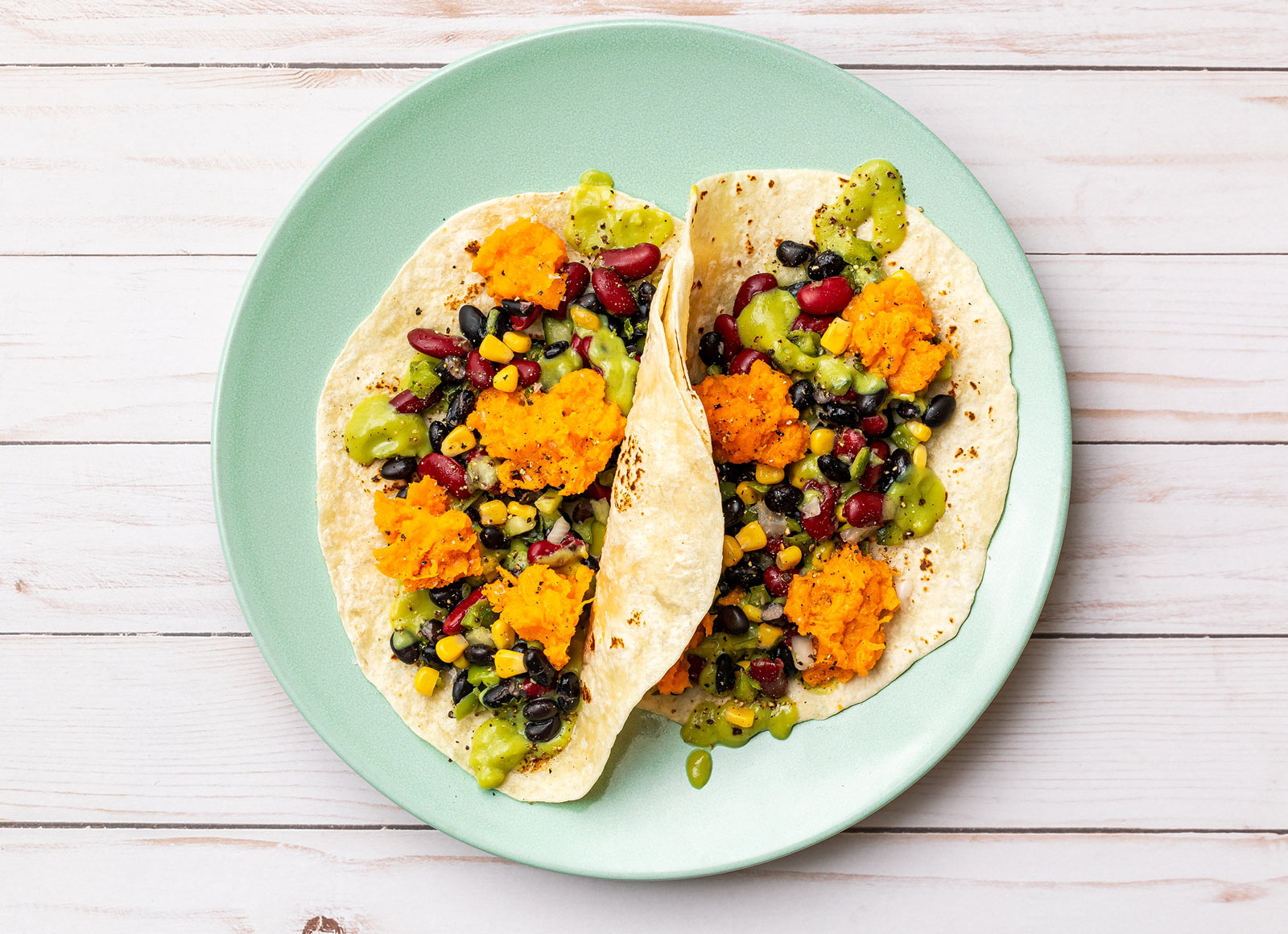 Sweet Potato + Black Cucumber Corn Bean Salad Taco with Guac