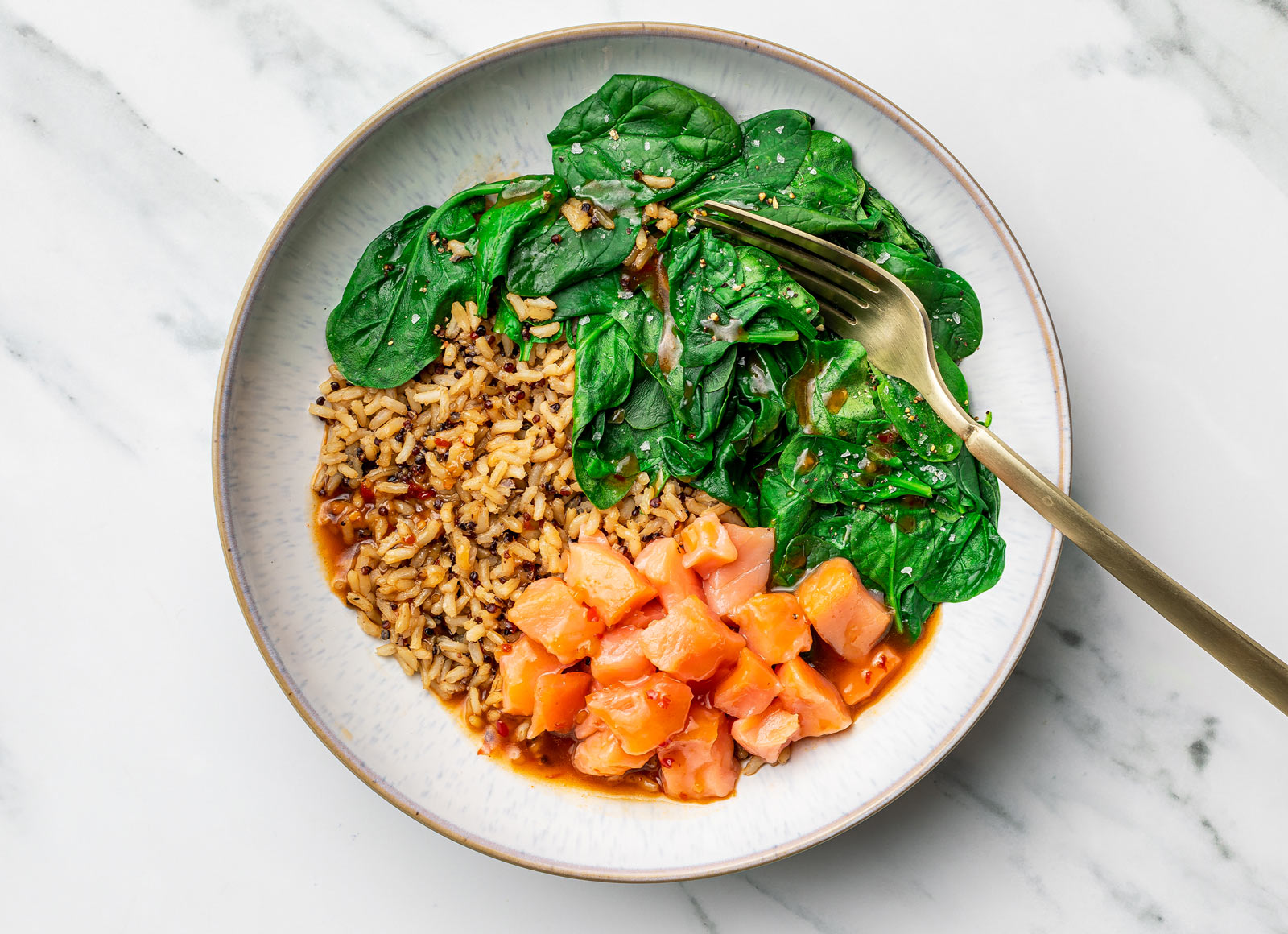 Gingery Poké Salmon + Spinach Rice Bowl