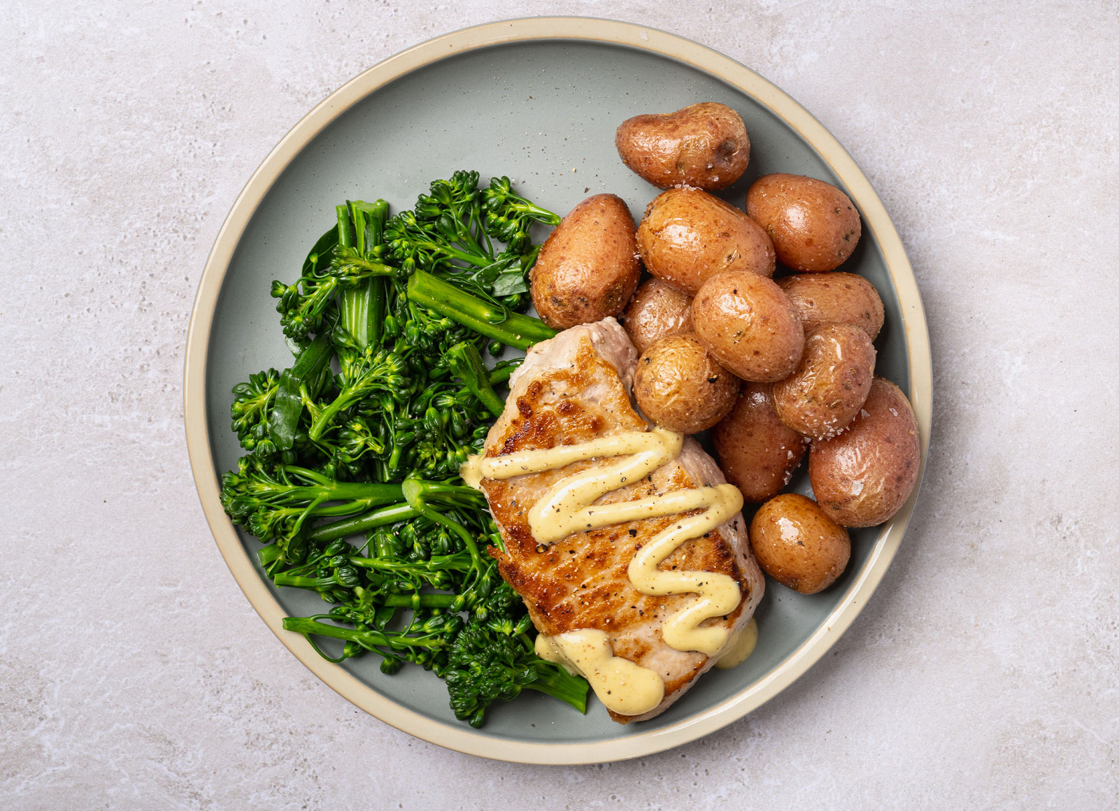 Honey Mustard Pork Chop + Red Potatoes with Sweet Baby Broccoli