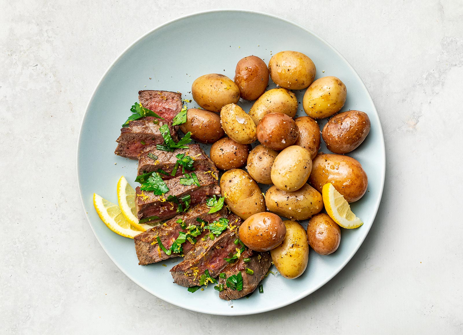 Beef Sirloin Steak + Potatoes with Herby Salsa Verde