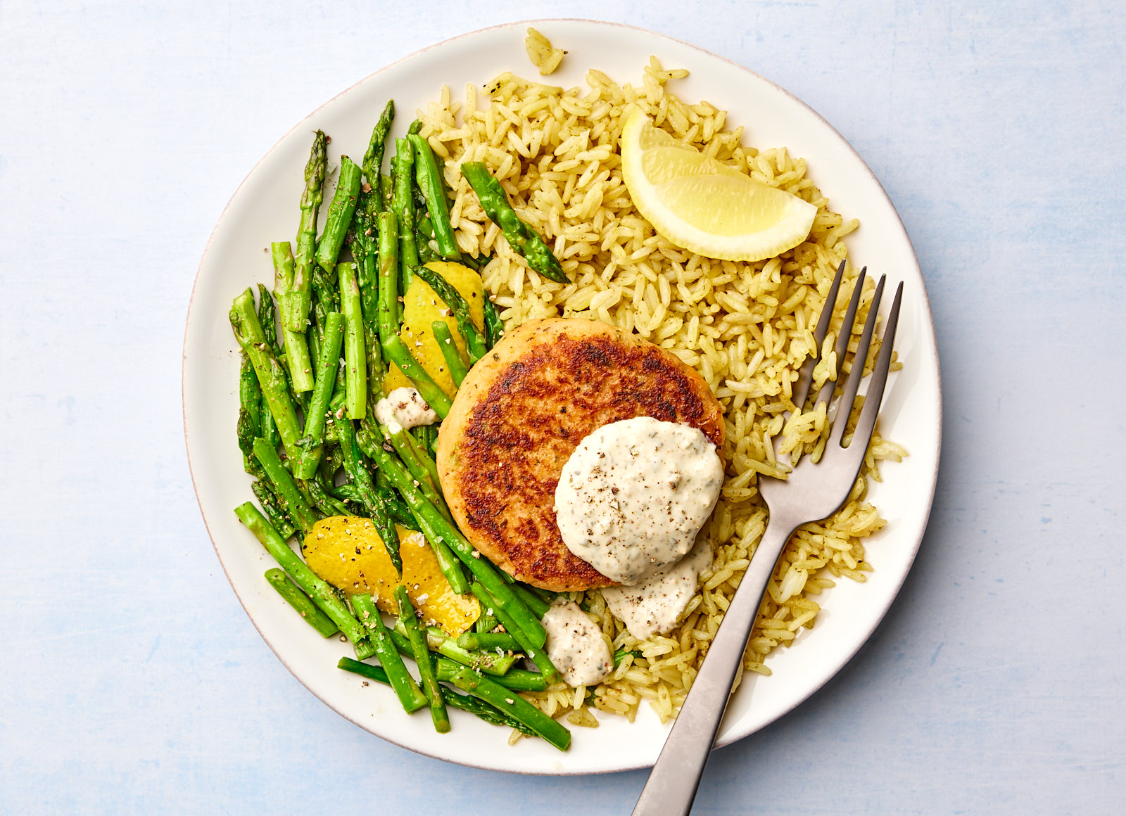 Spinach Artichoke Snow Crab Cakes + Lemony Asparagus