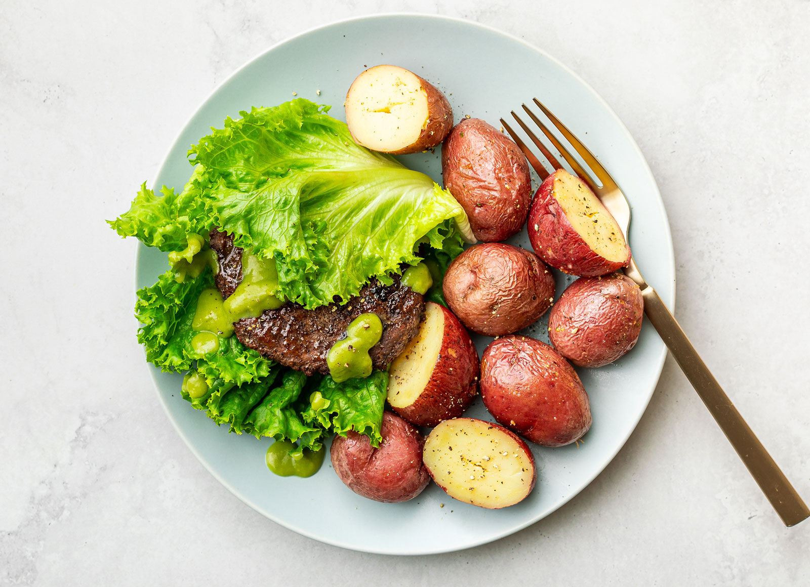 Lettuce-Wrapped Hamburger + Red Potatoes