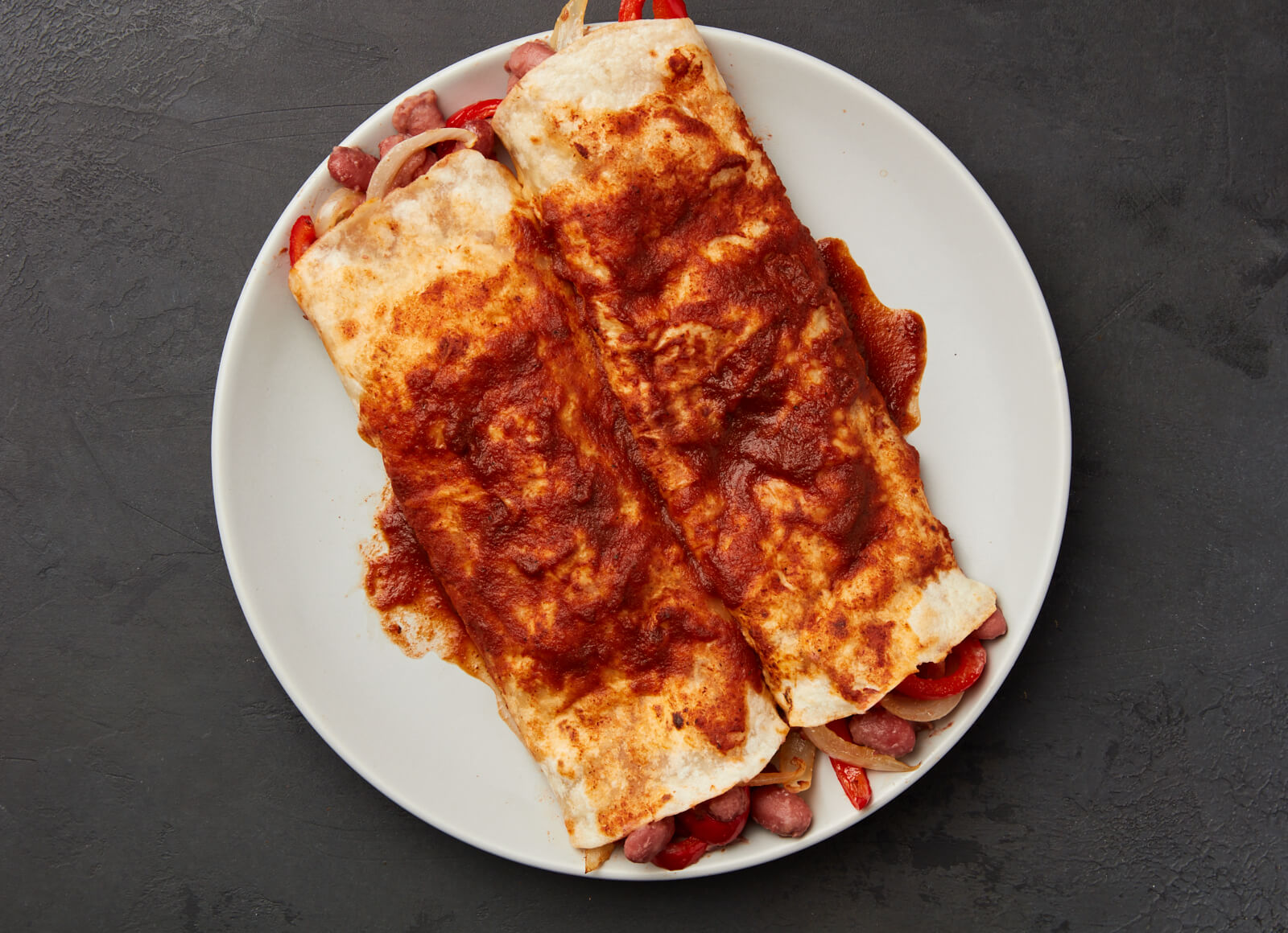 Refried Bean + Veggie Enchiladas Rojas