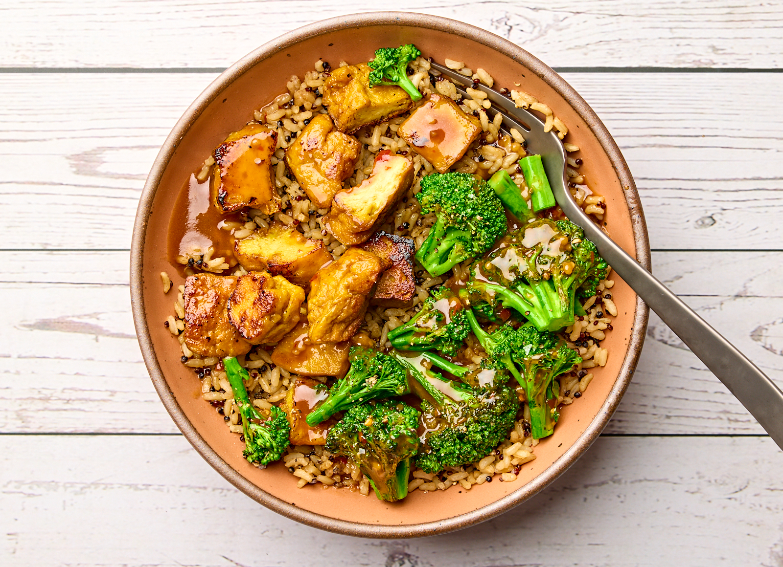 Gingery Tofu + Broccoli Rice Bowl