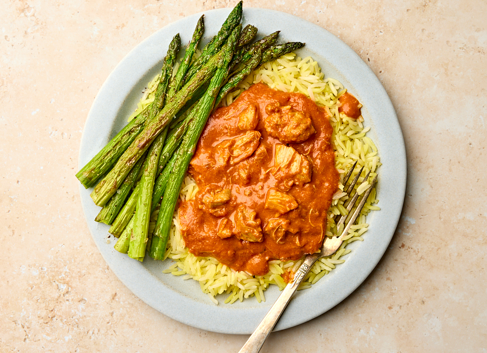 Chicken Tikka Masala + Rice with Asparagus