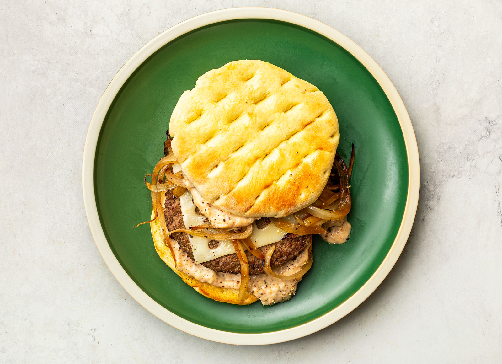 French Onion Swiss Cheeseburger with Ground Beef Patties