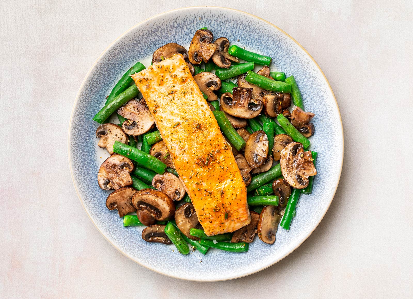 Garlic Roasted Salmon with Green Beans + Mushrooms