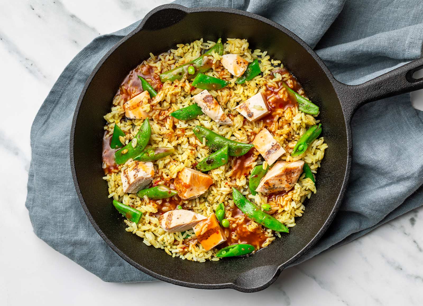 Sesame Snap Pea + Chicken Stir-Fry with Seasoned Jasmine Rice