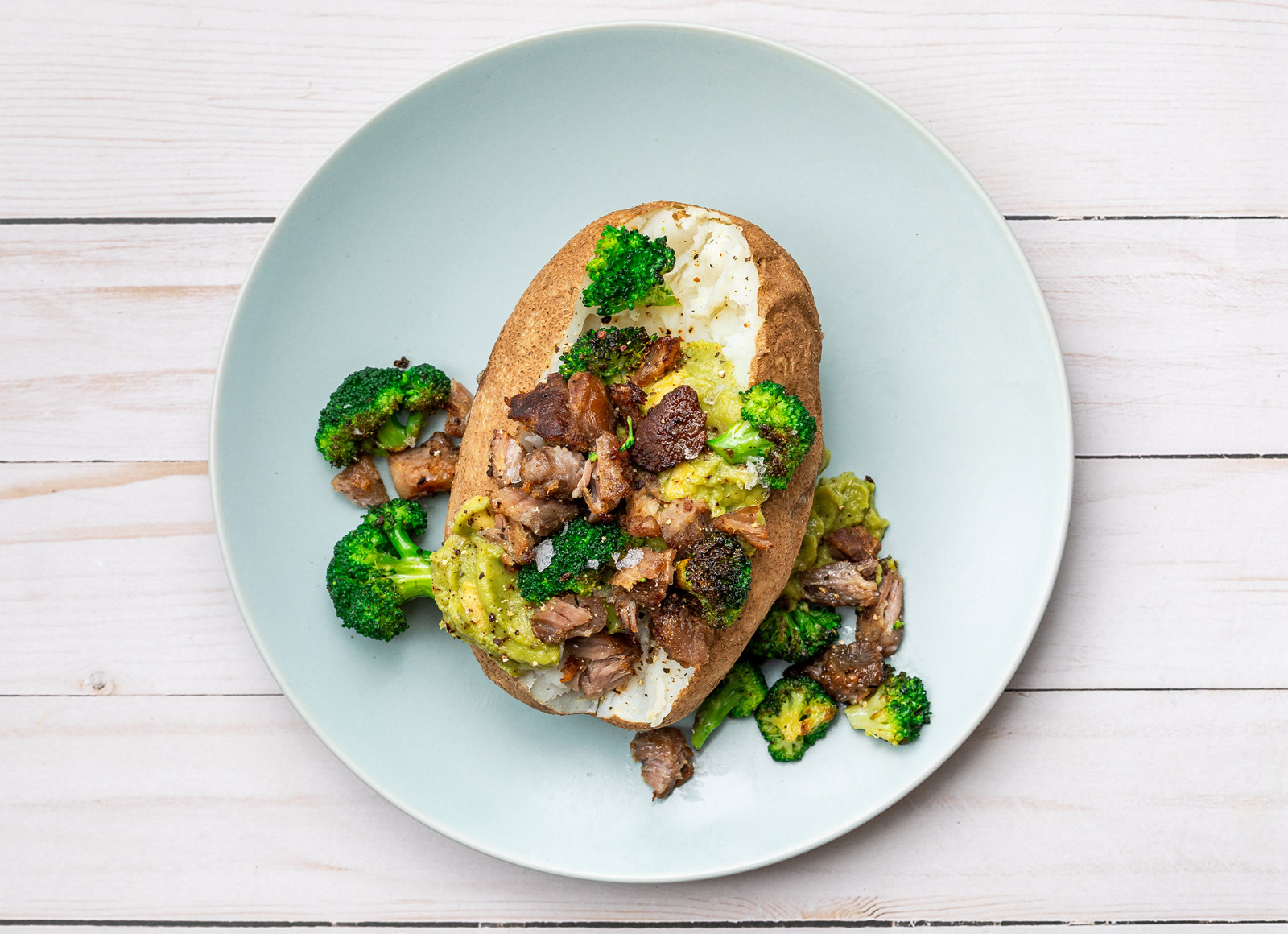 Carnitas Taco in a 'Tato with Broccoli Florets