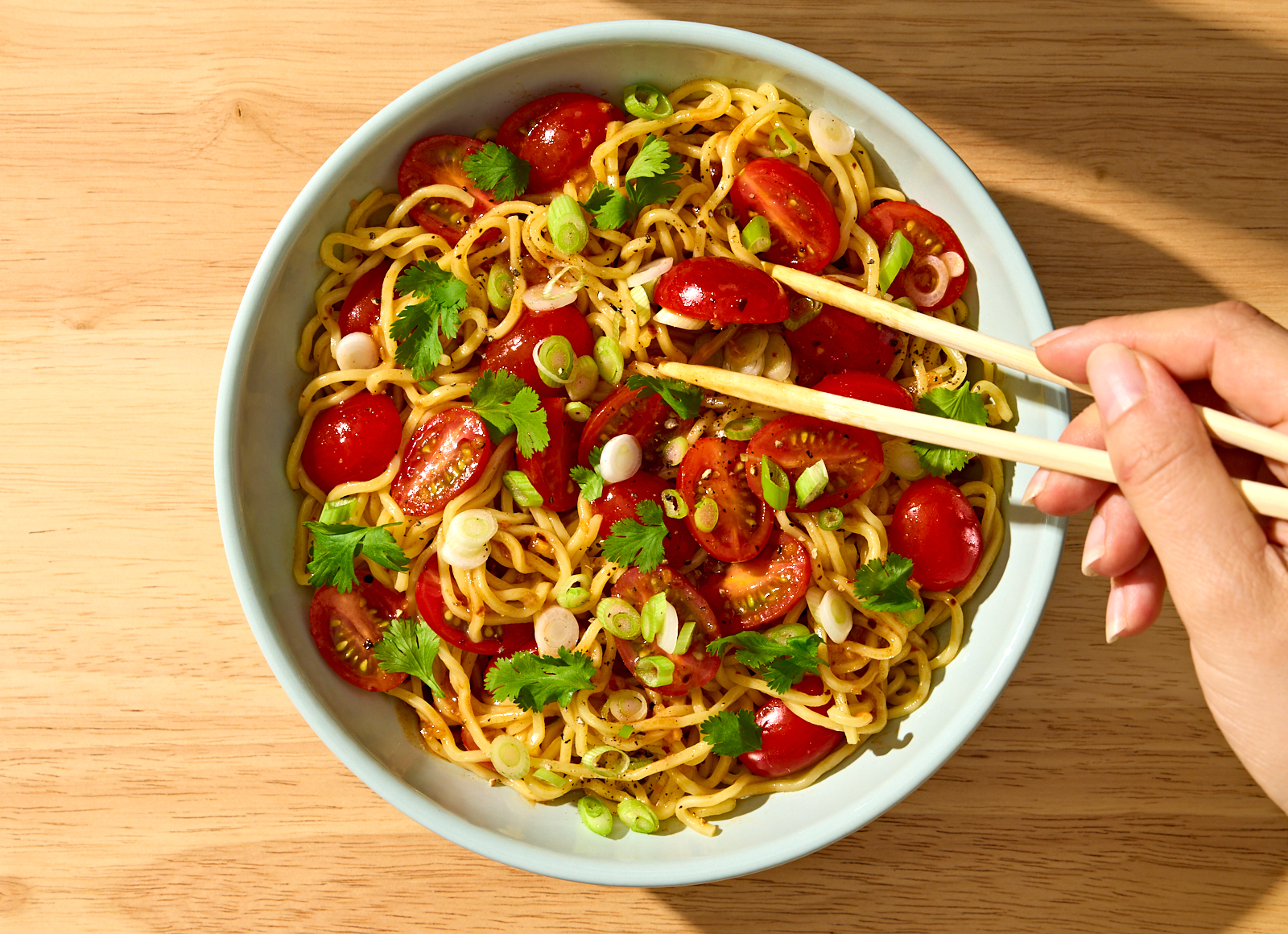 Cold Noodle Salad with Tomatoes and Chili Crisp Vinaigrette