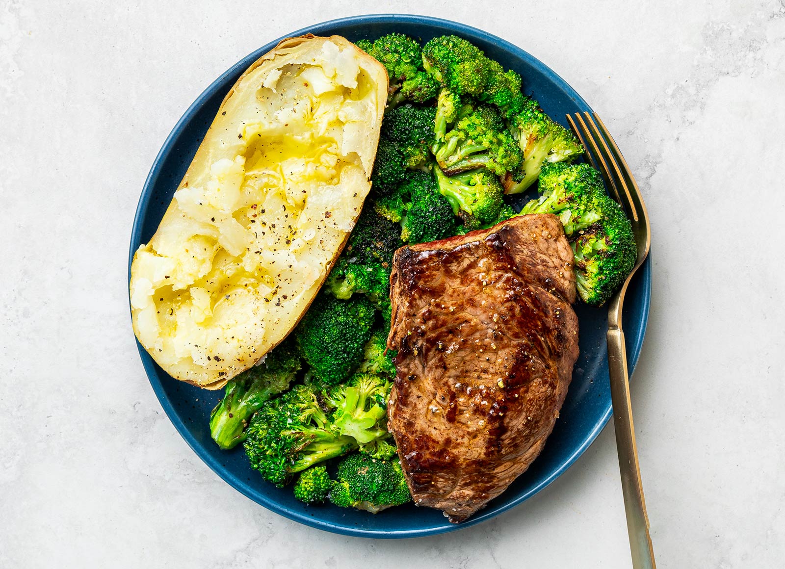 Strip Steak with Broccoli Florets + Baked Microwave-Ready Russet Potato