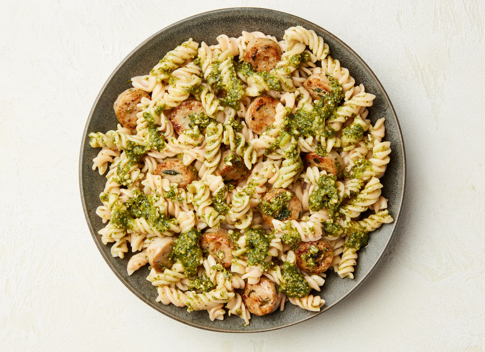 Spinach Garlic Sausage Pesto Fusilli