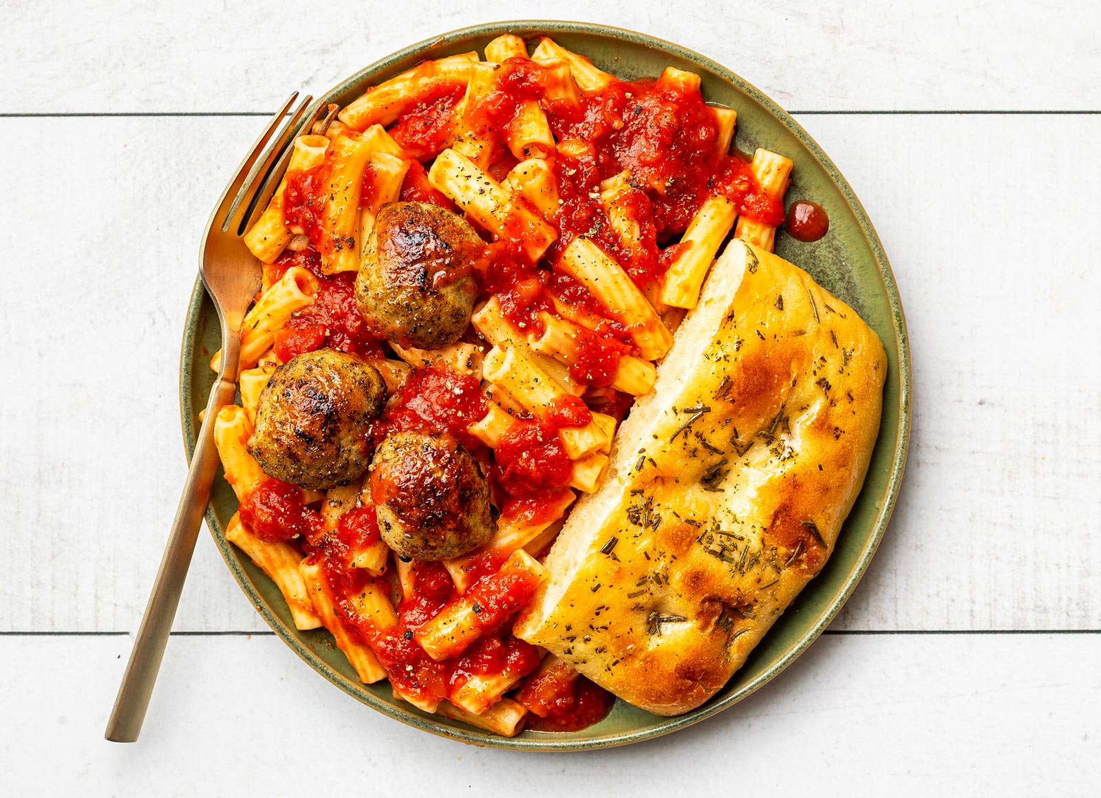 Rigatoni Meatball Marinara + Focaccia