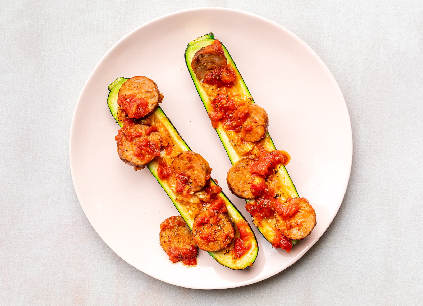 Hot Italian Turkey Sausage Marinara Zucchini Boats