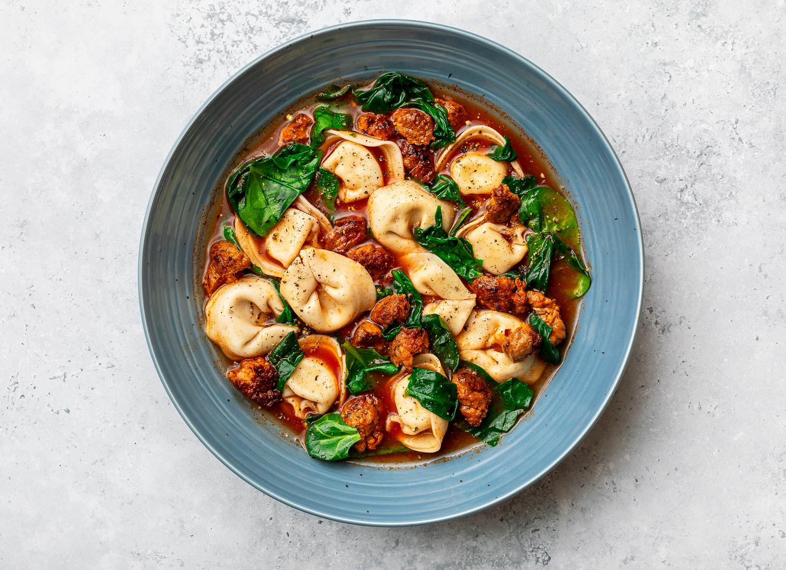 Spicy Sausage + Four Cheese Tortelloni Soup