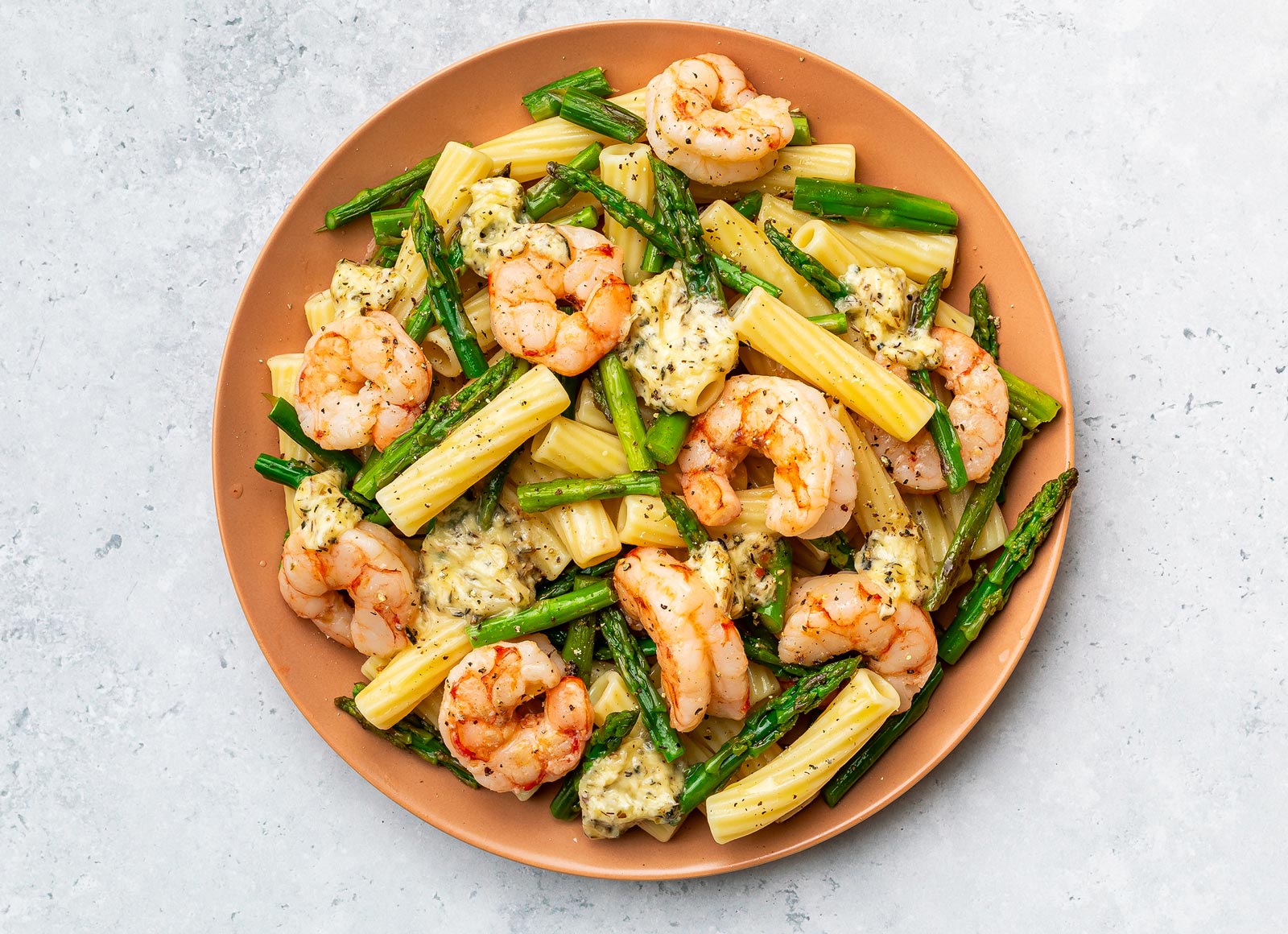 Hearty Herby Gulf Shrimp + Asparagus Rigatoni Pasta