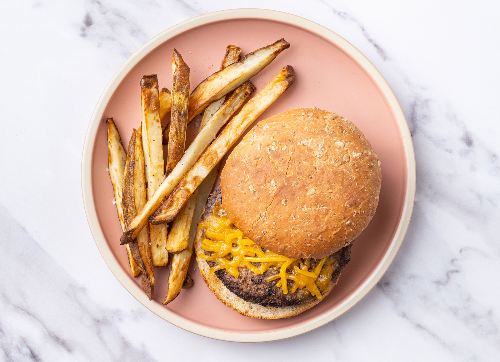 Whole Grain + Grass-Fed Cheeseburger with Fries with Ground Beef Patties