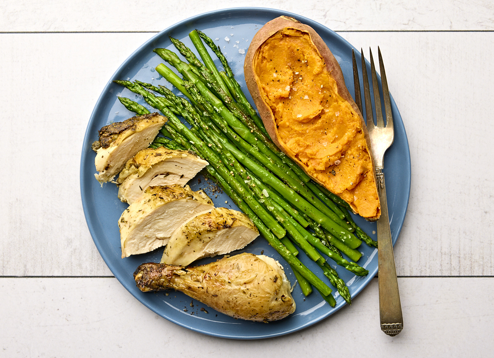 Juicy Garlic Herb Chicken with Asparagus + Sweet Potato