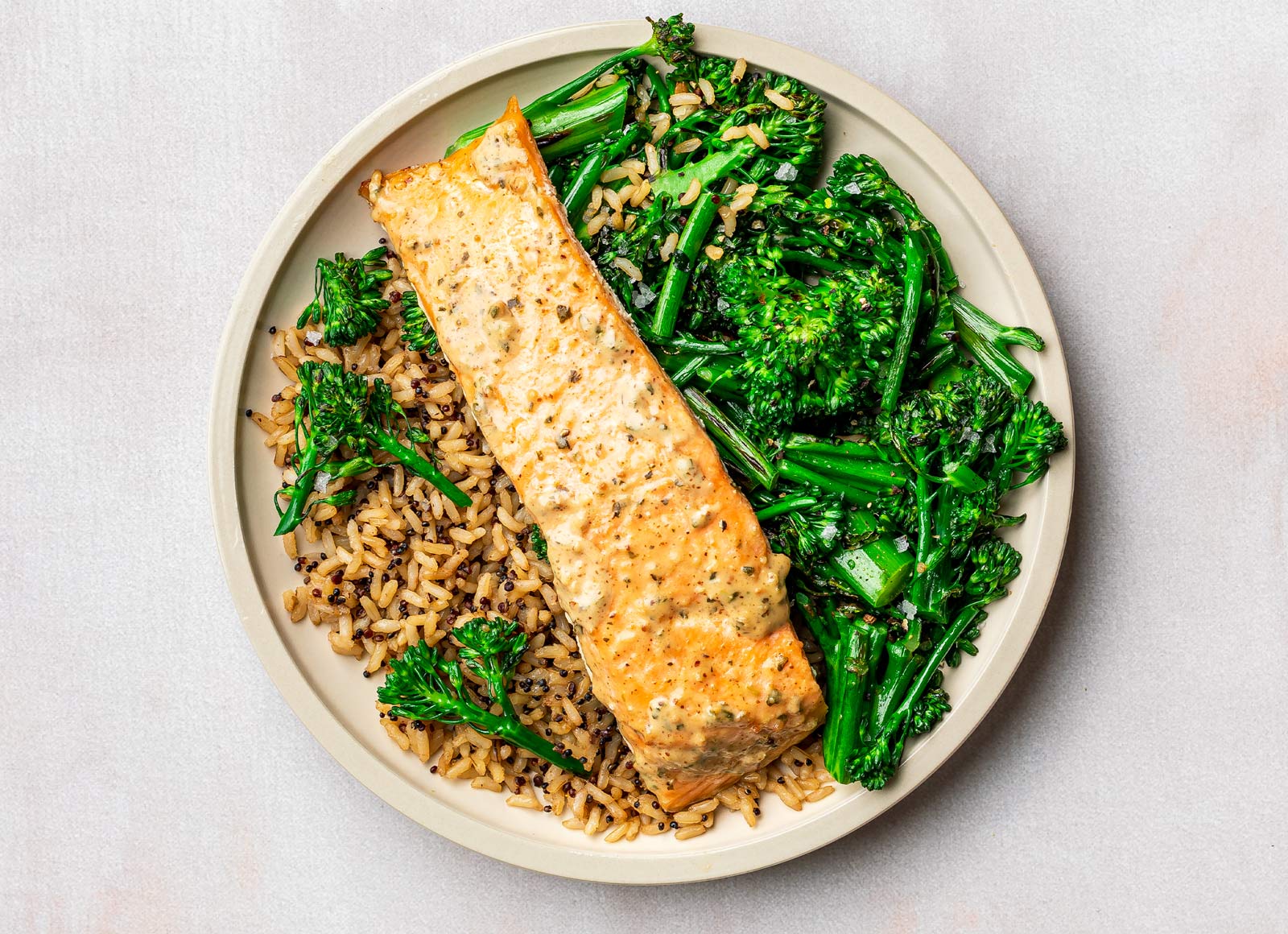 Roasted Spinach Artichoke Salmon with Sweet Baby Broccoli